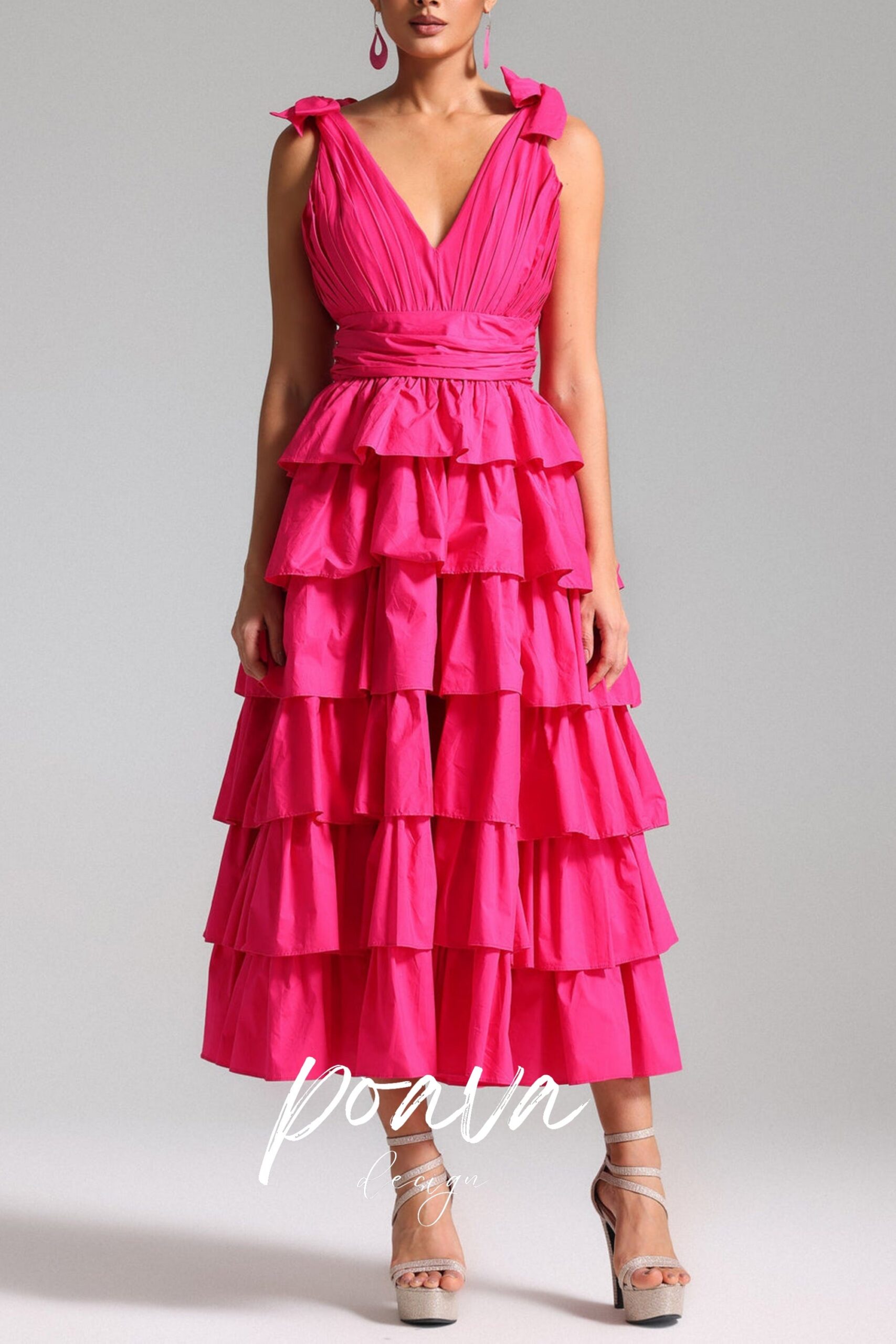 PLUNGE V-NECK RUFFLE TIERED SLIT GOWN PINK