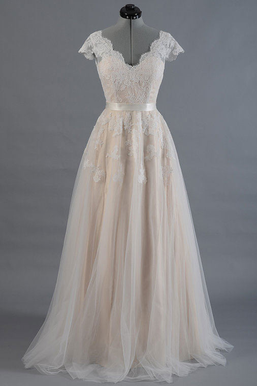 A-LINE CHAMPAGNE TULLE LACE PROM DRESS