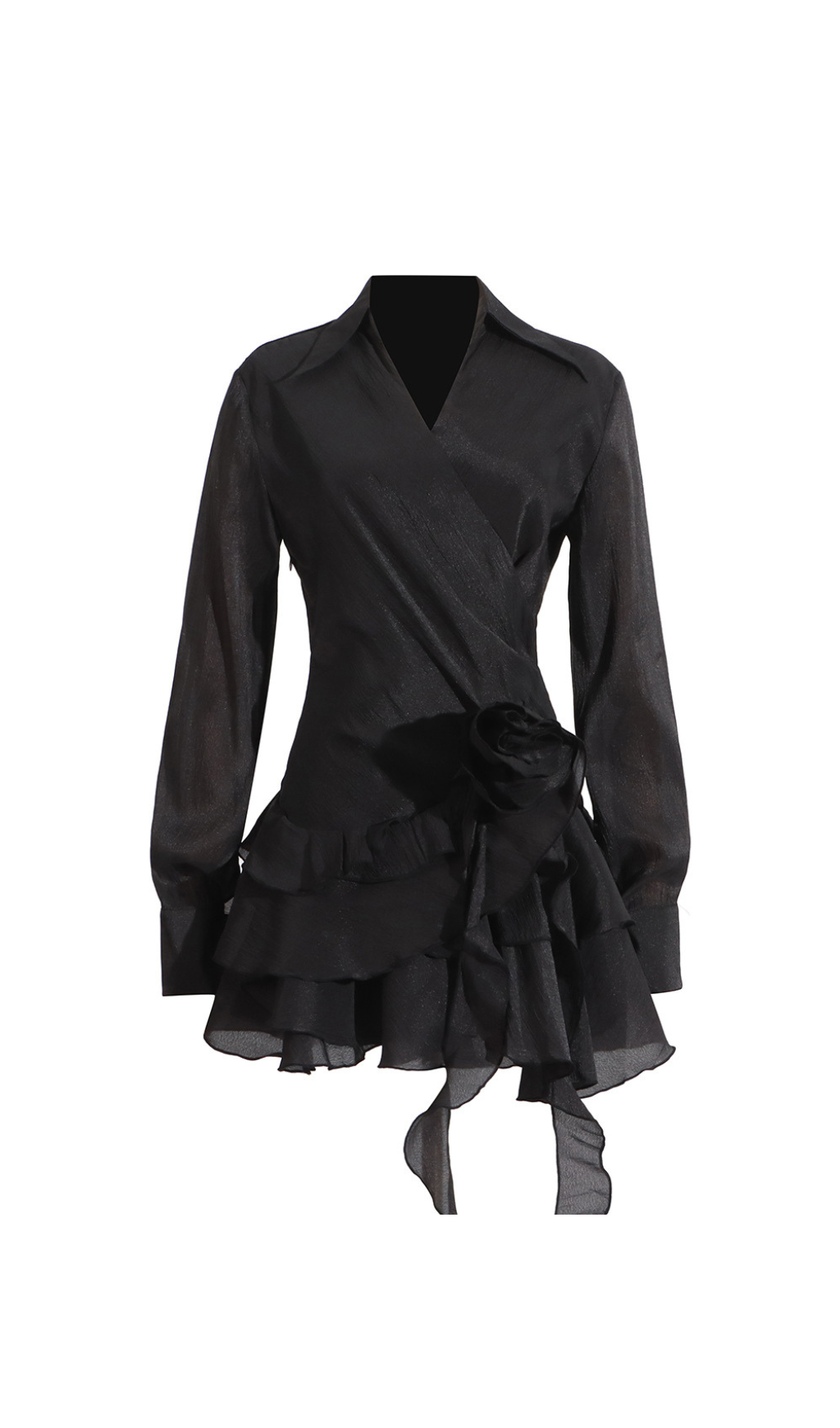 FLOWER RUFFLE RIBBON MINI DRESS, BLACK, PARTY