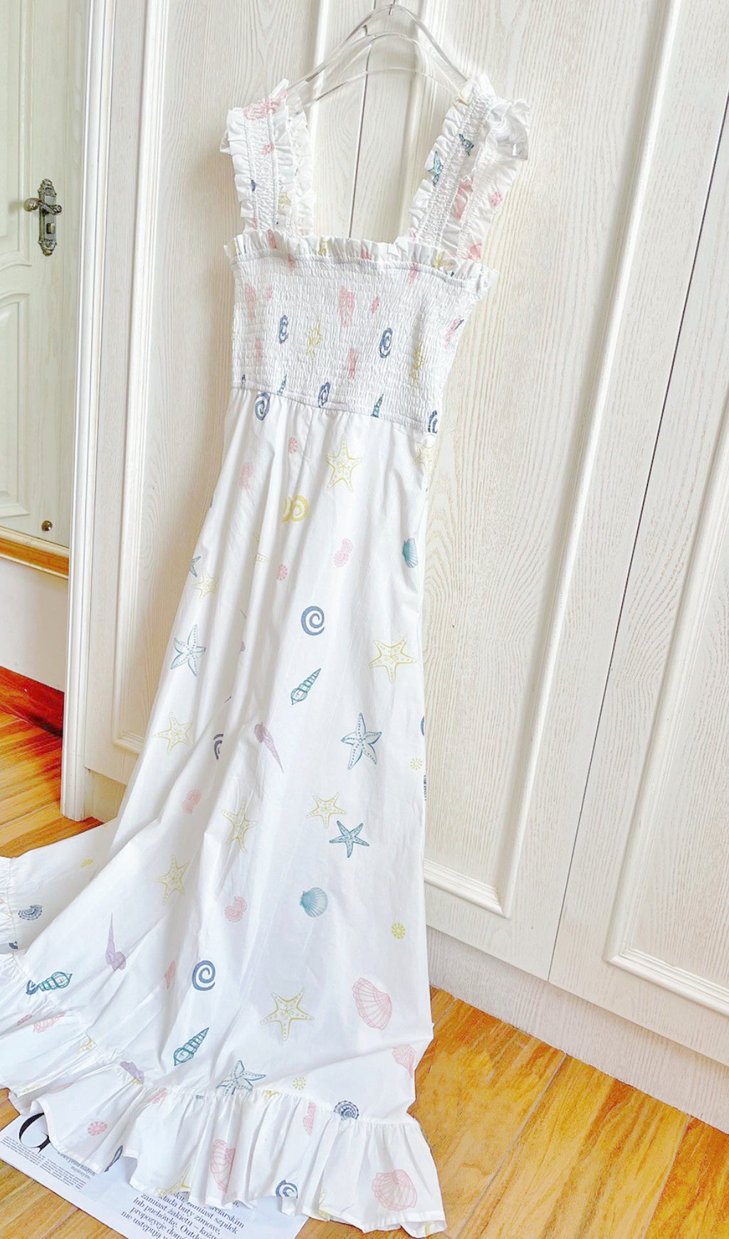 SHELL PRINT STRAP MIDI DRESS, WHITE, BEACH VACATION