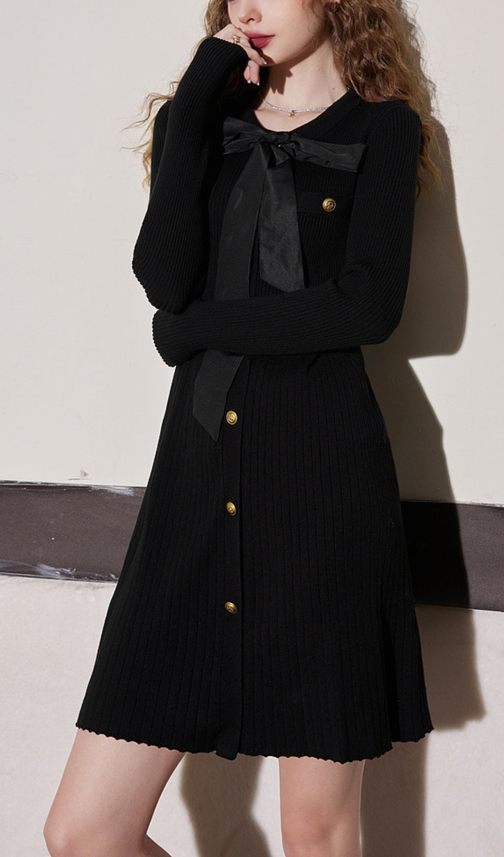 BOW SLEEVE KNIT MINI DRESS, BLACK, CASUAL