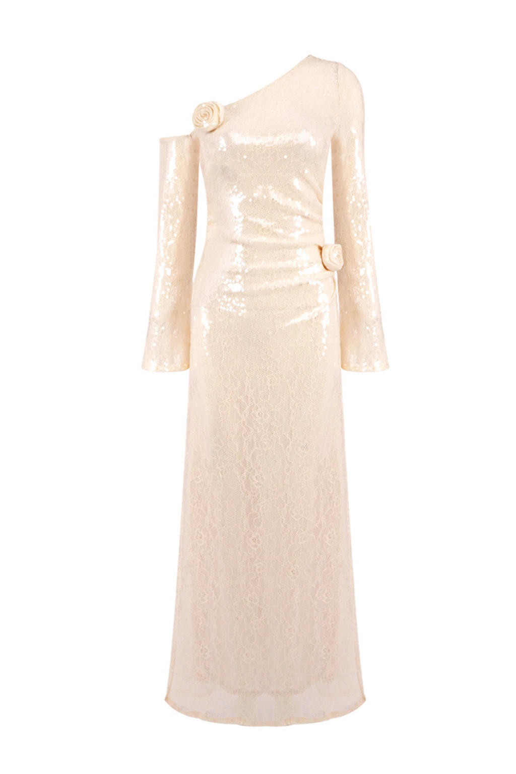 ONE-SHOULDER SEQUIN FLOWER MAXI DRESS IN APRICOT