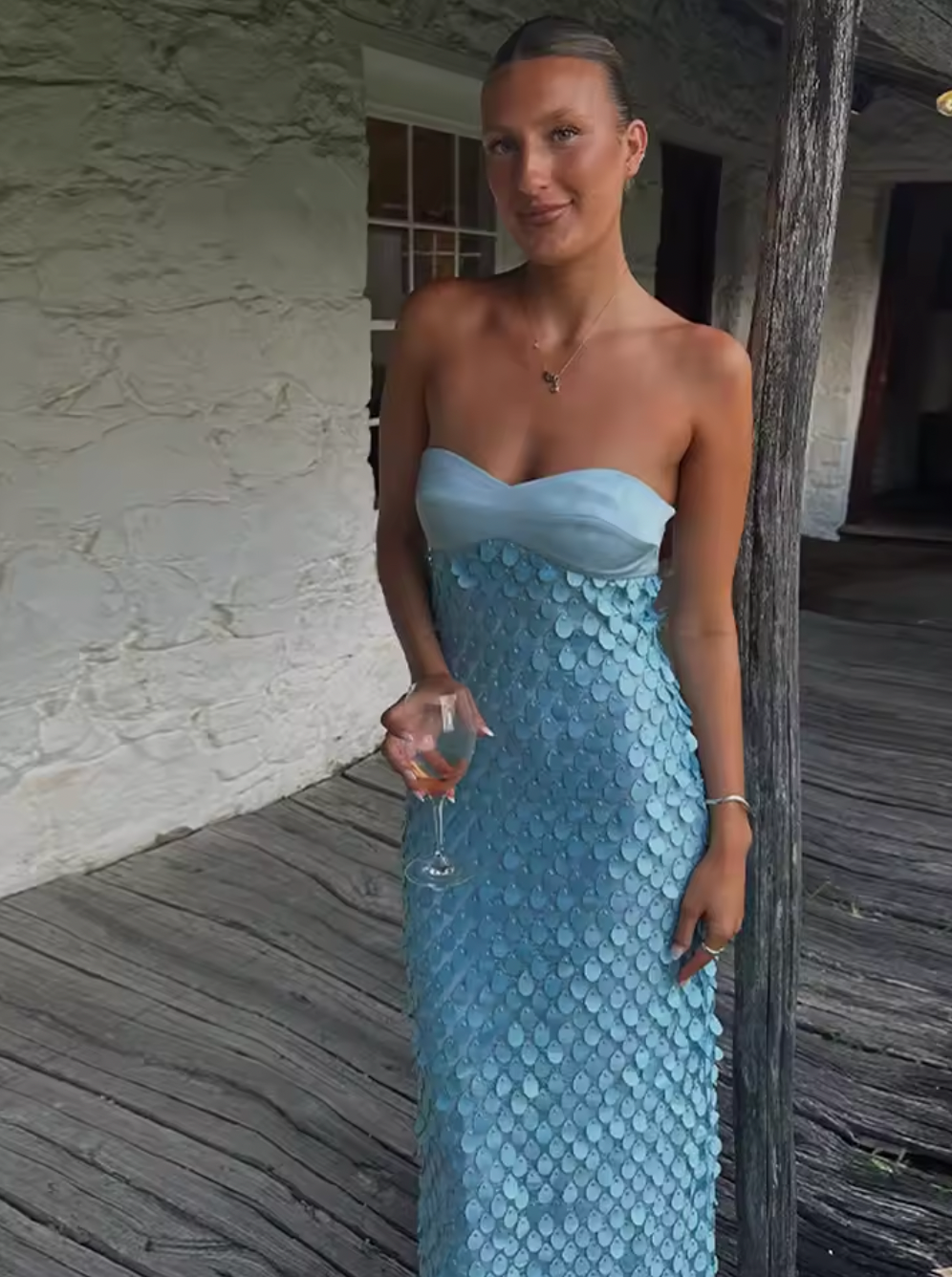 IRIS LACE SEQUIN BACKLESS MAXI DRESS - BLUE