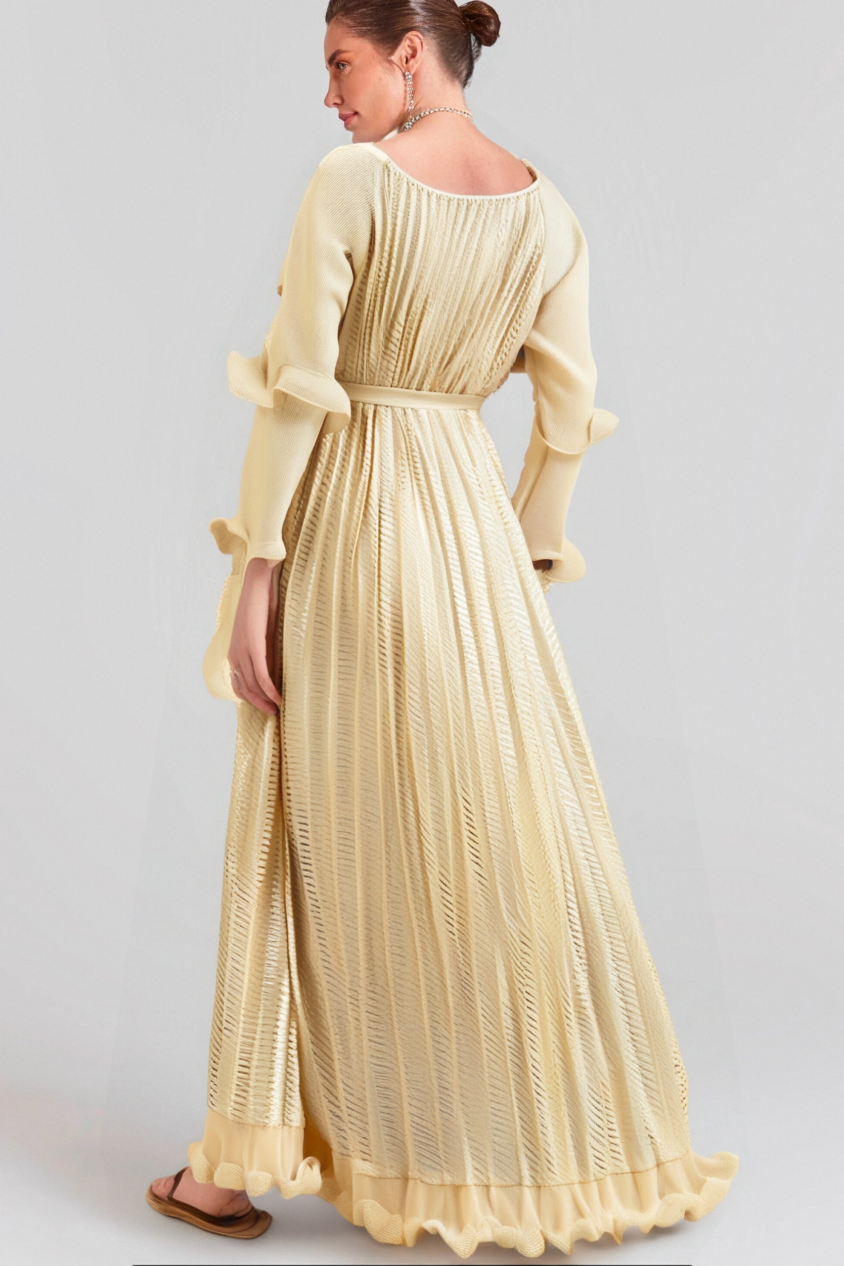 GILDED RUFFLED MIDI DRESS, NEUTRAL ELEGANCE