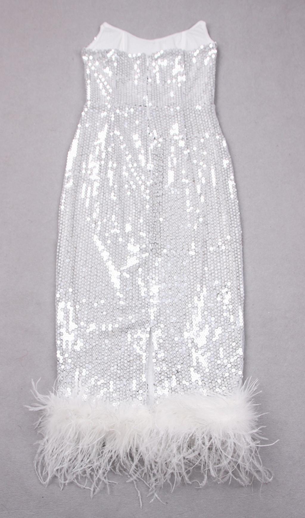 SEQUIN FEATHER WHITE MIDI DRESS FOR PARTY