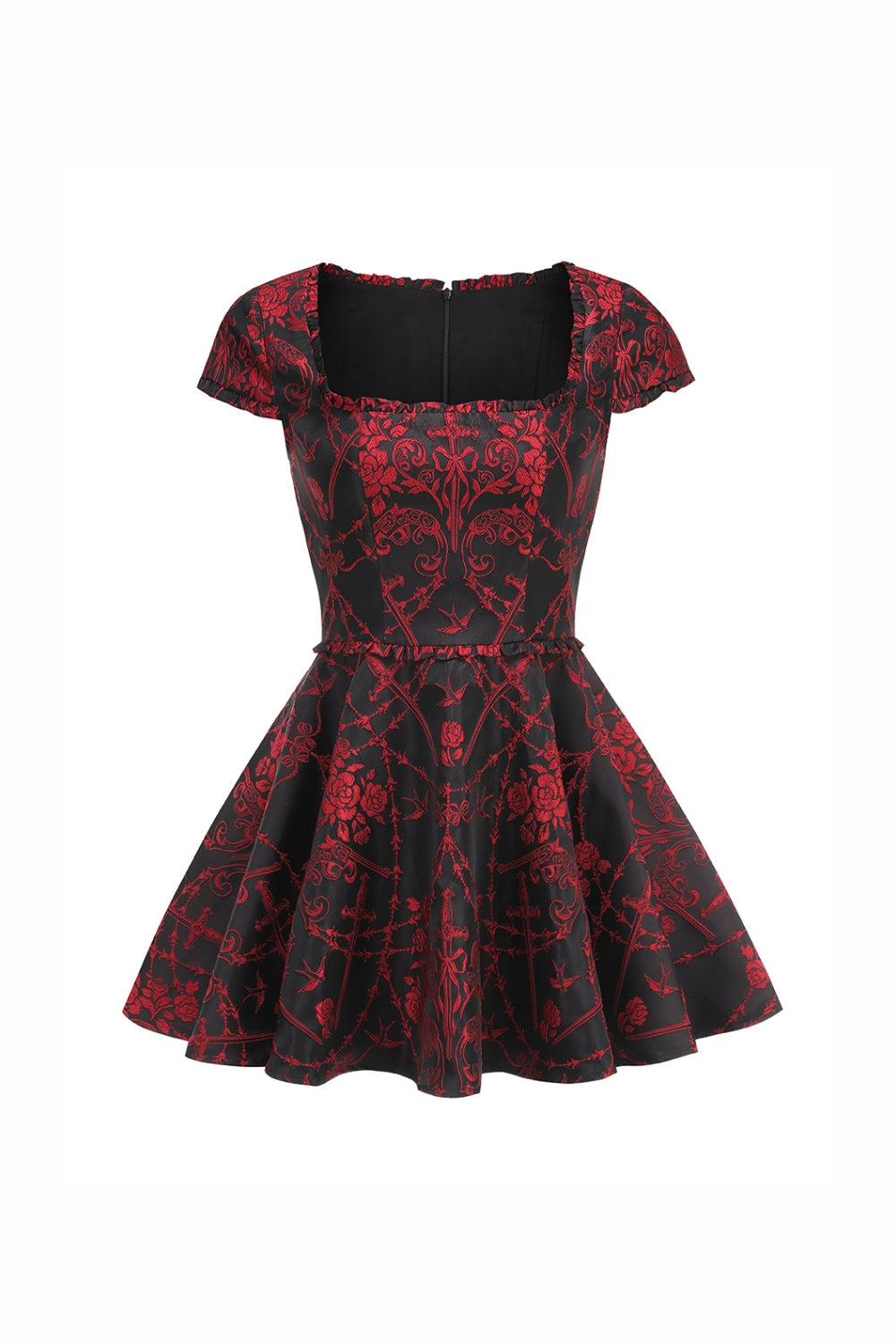 SQUARE NECK JACQUARD MINI DRESS, BLACK RED PARTY
