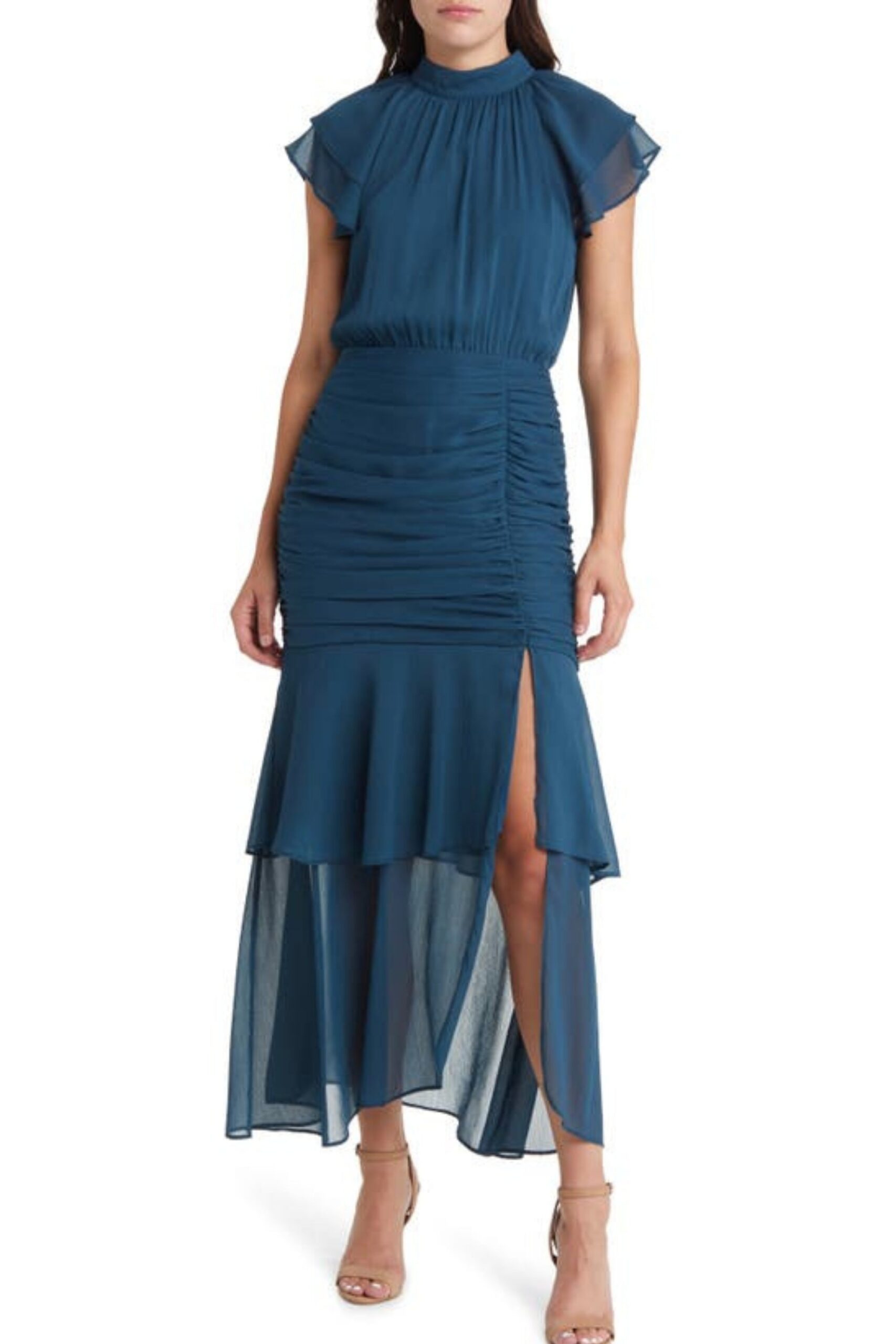 RUCHED RUFFLE TEAL CHIFFON MAXI DRESS