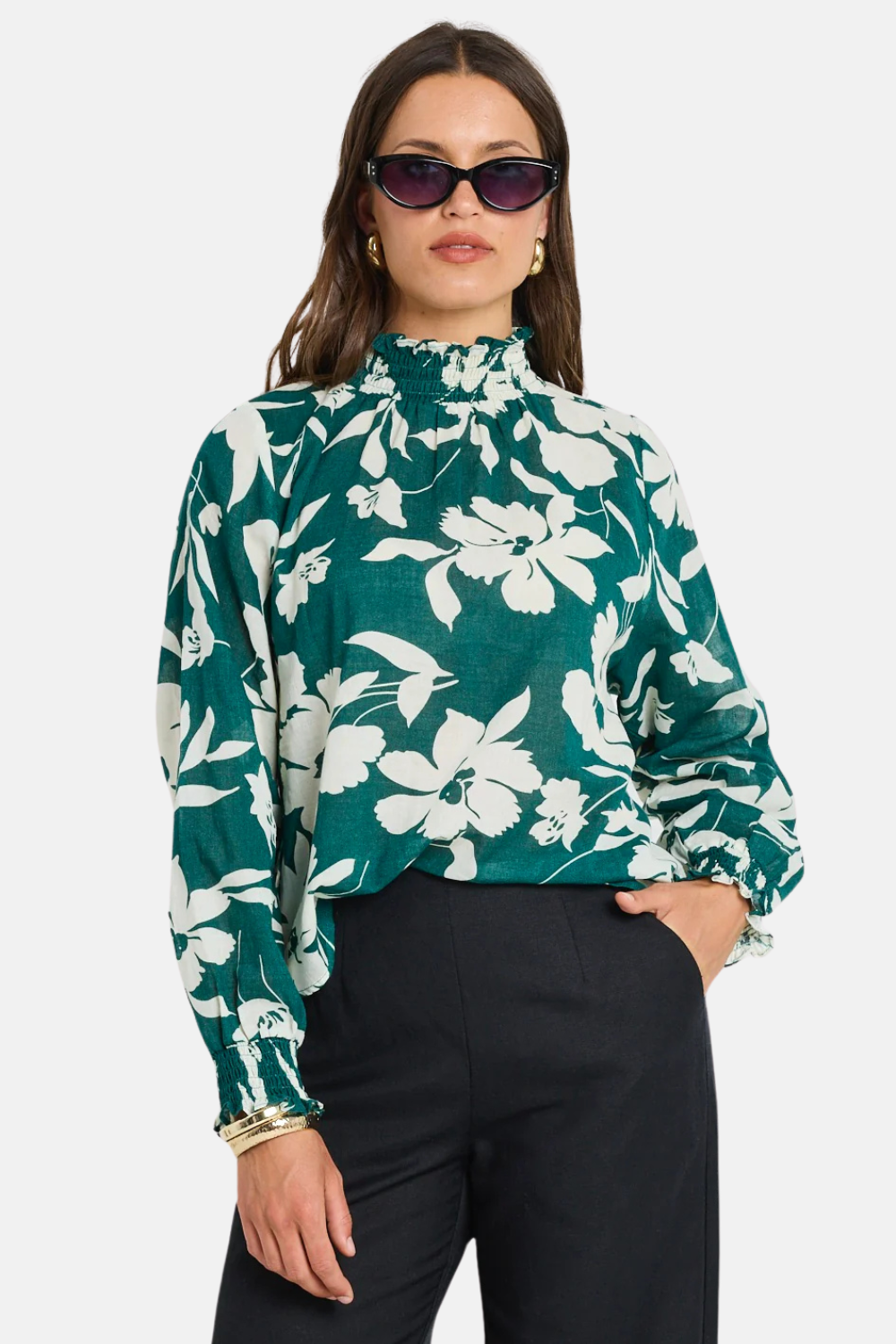 1_4483d9d1-146d-47fc-b532-2385fc33ff23 AFFECTION FOREST FLORAL SHIRRED HIGH NECK TOP