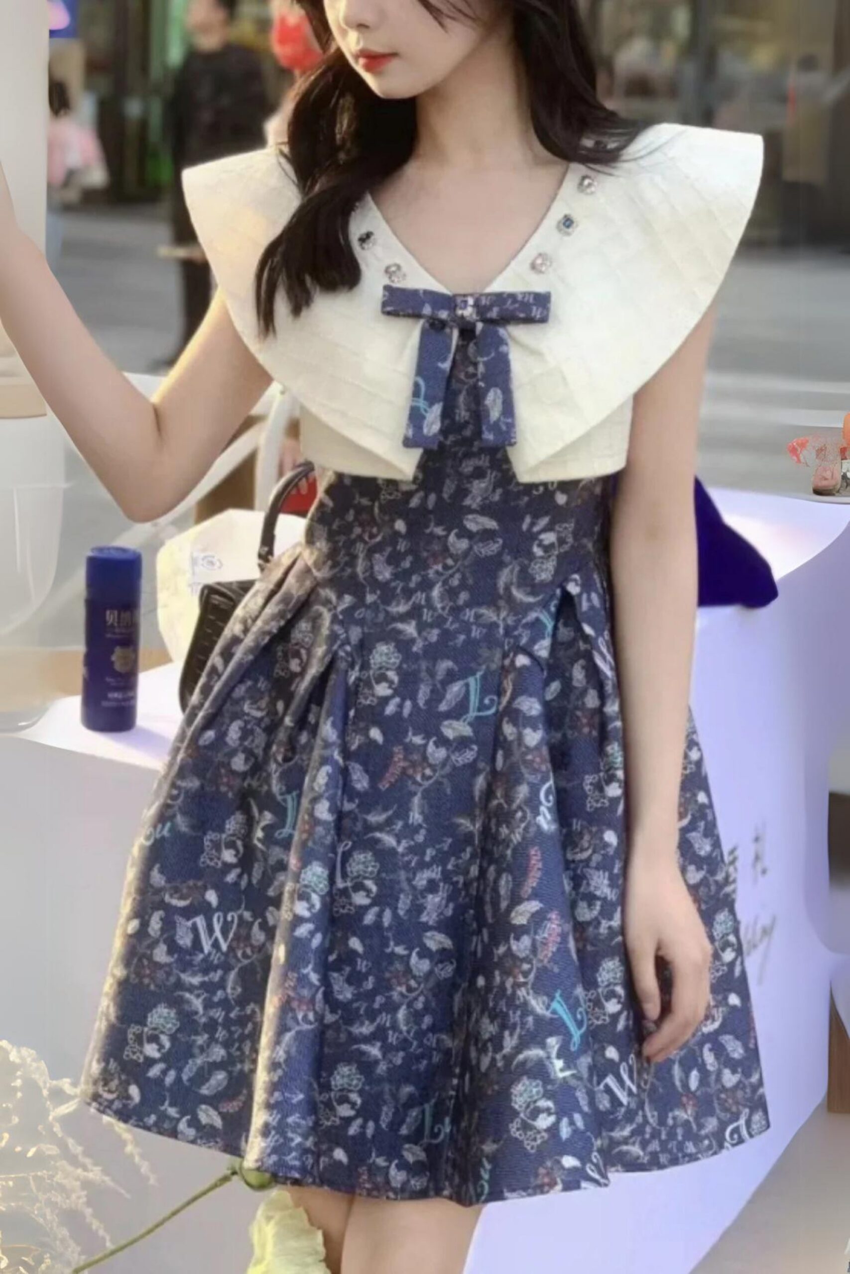 BLUE BOW SWEETHEART FLORAL MINI DRESS