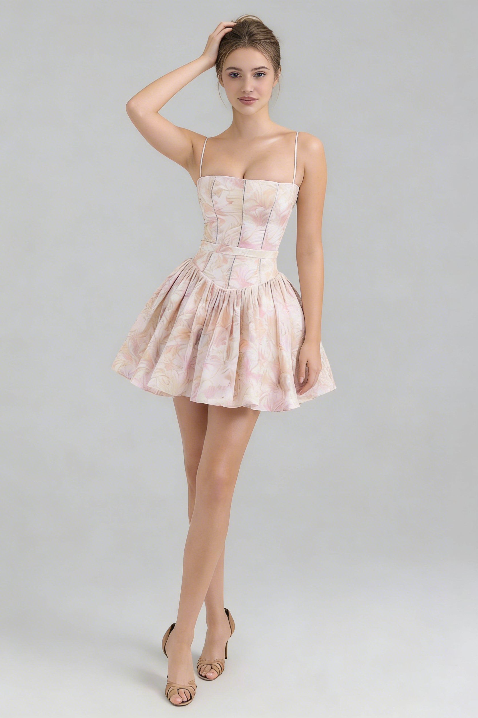 HELEN FLORAL PEACH MINI DRESS - A-LINE COTTON