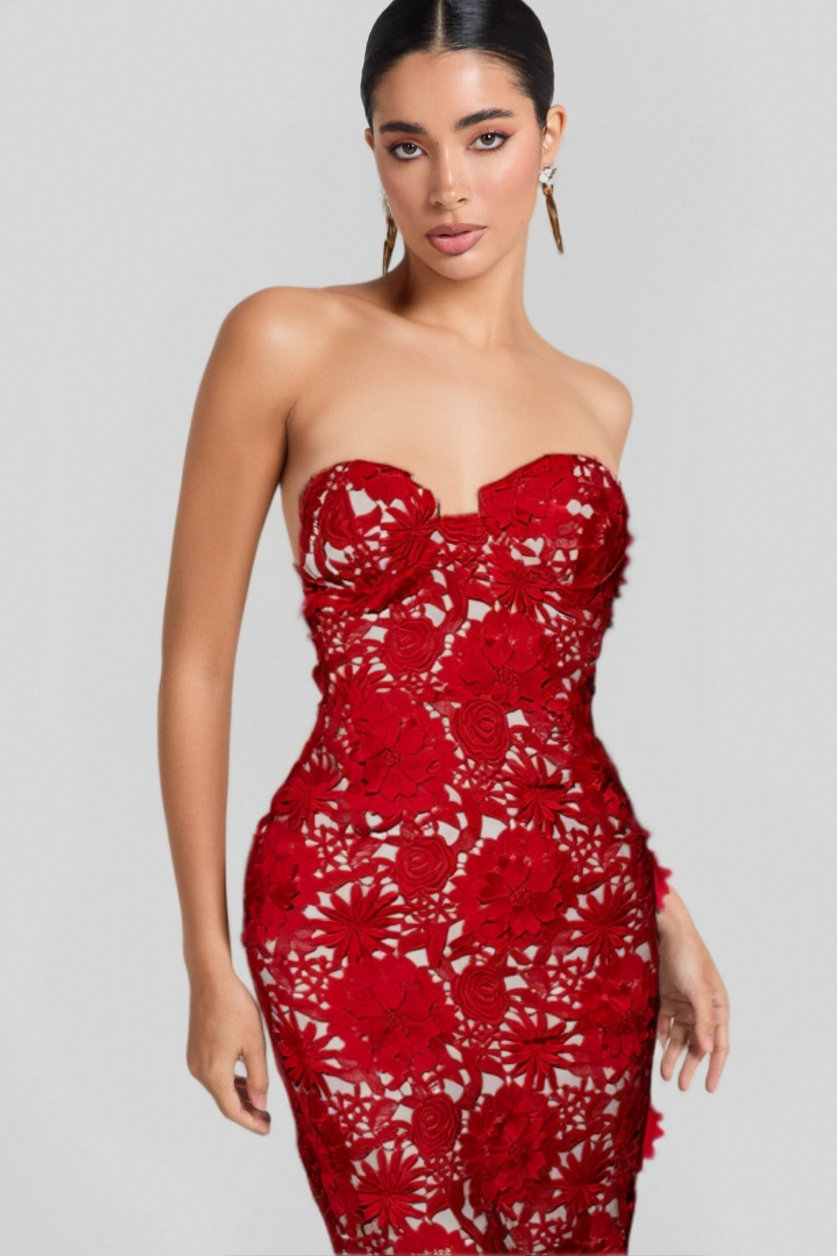 FLORAL EMBROIDERED RED MIDI DRESS FOR WEDDING
