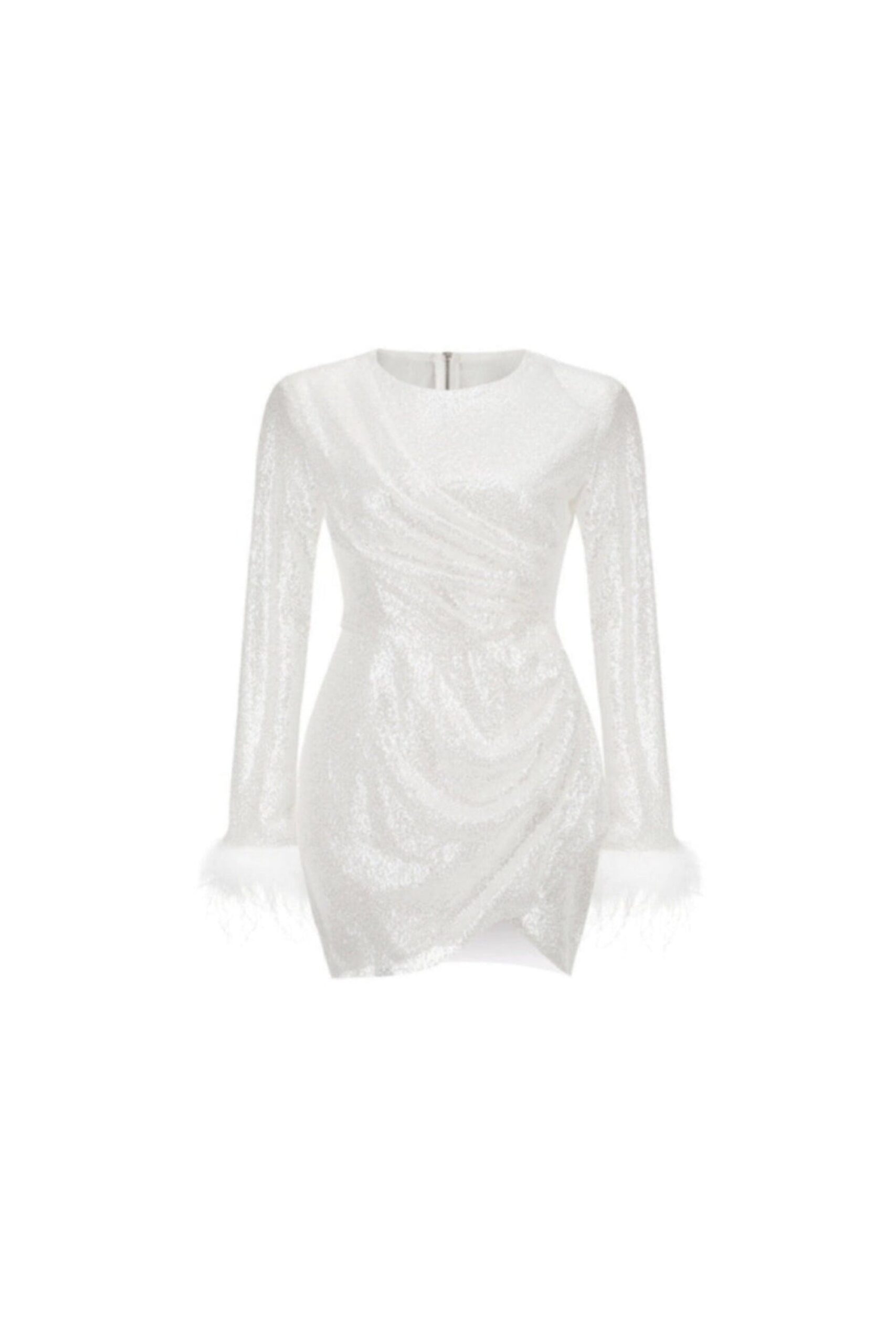 SEQUIN FEATHER WHITE MINI DRESS FOR PARTY