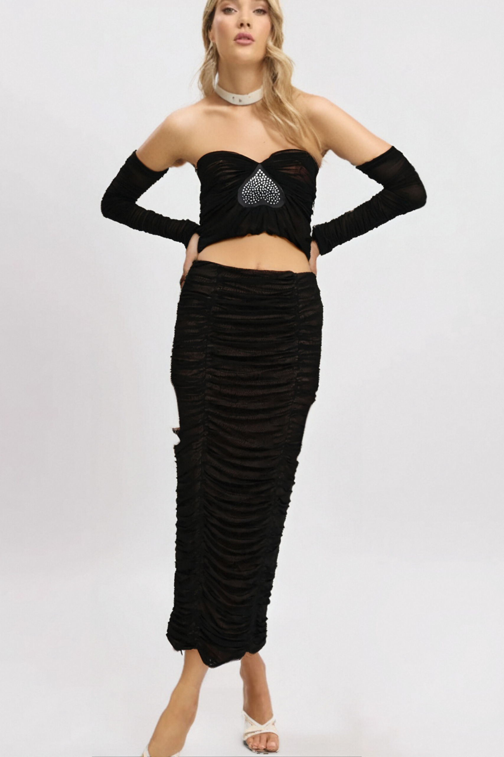 GWENONWY BLACK RUCHED MESH PARTY MATCHING SET