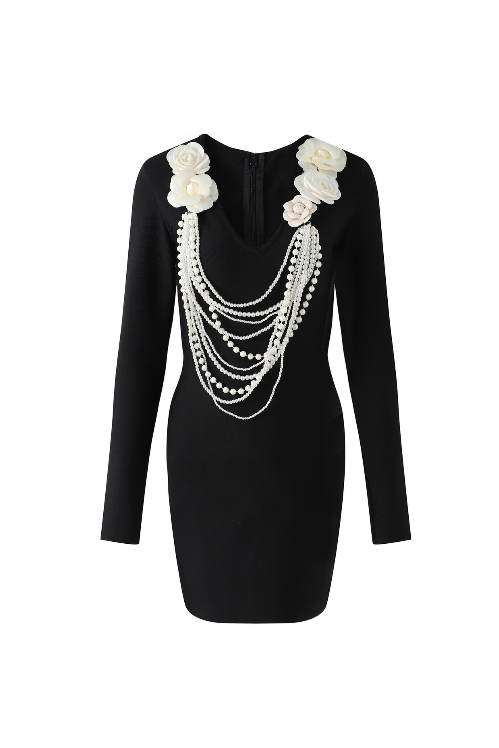 ALISA PEARL FLOWER BANDAGE MINI DRESS BLACK