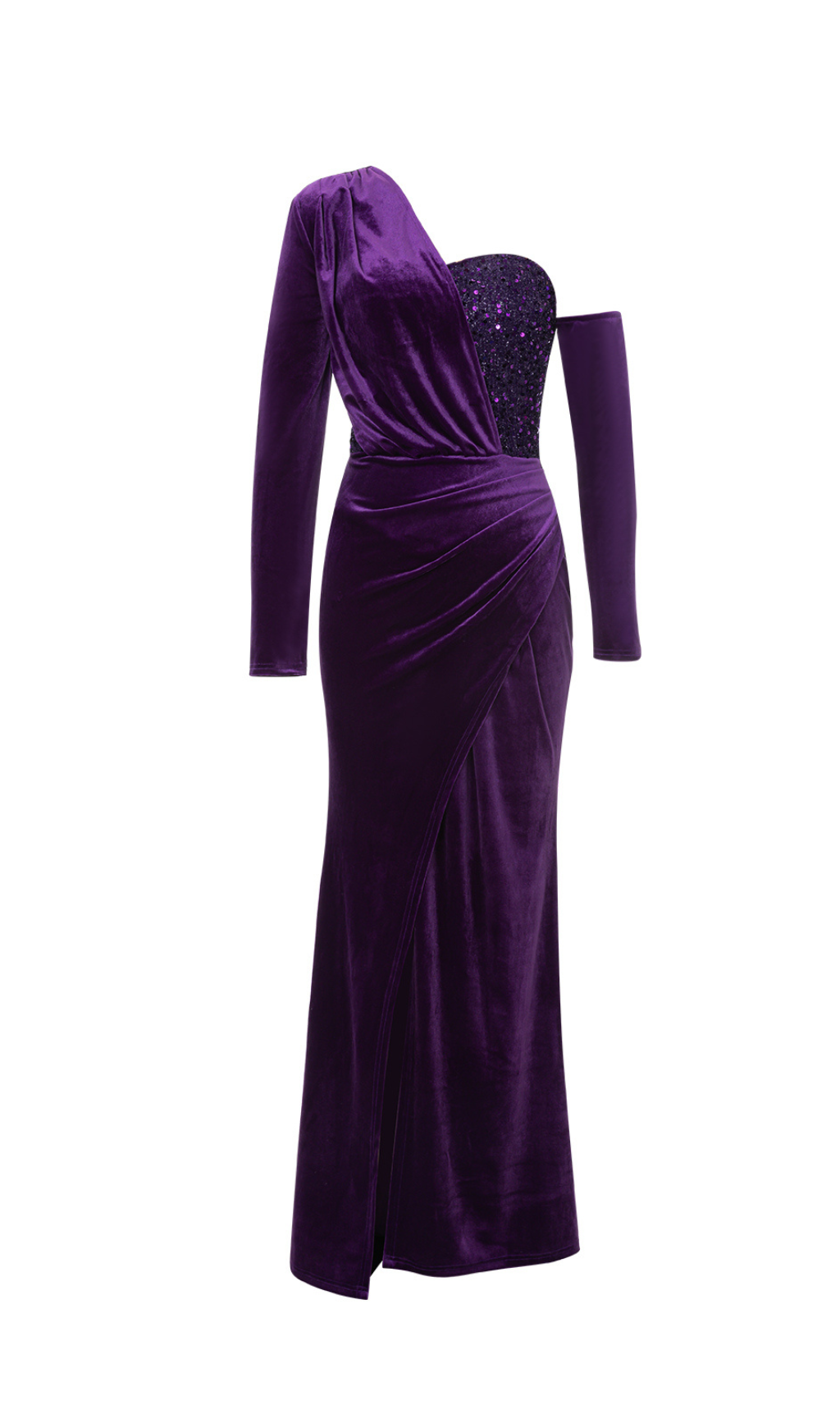 ONE SHOULDER VELVET SEQUIN MAXI DRESS FOR PARTY