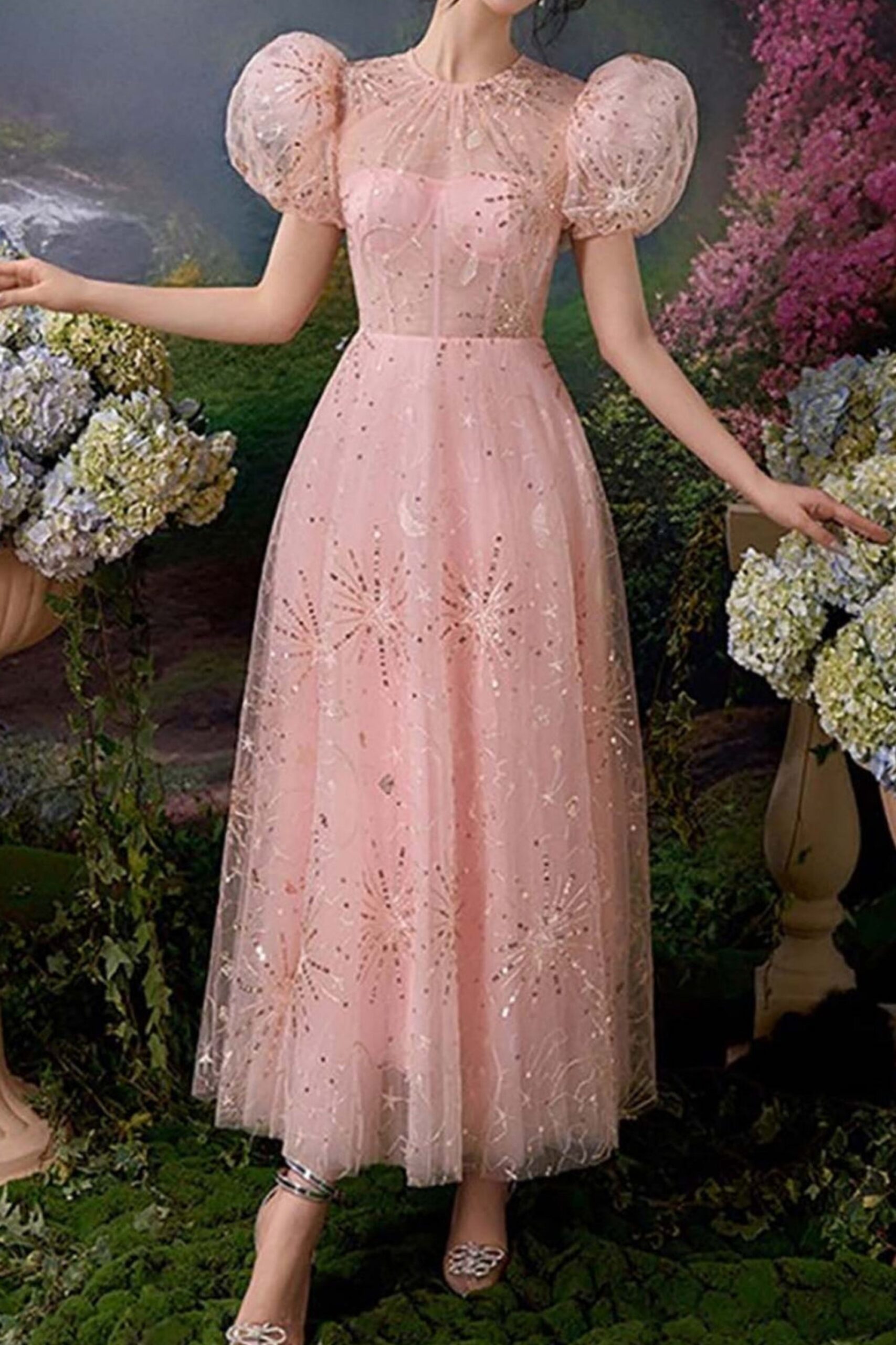 1_4d1596f9-d3de-4caa-90c3-59575dde425e PUFF SLEEVE SEQUIN PINK MAXI DRESS