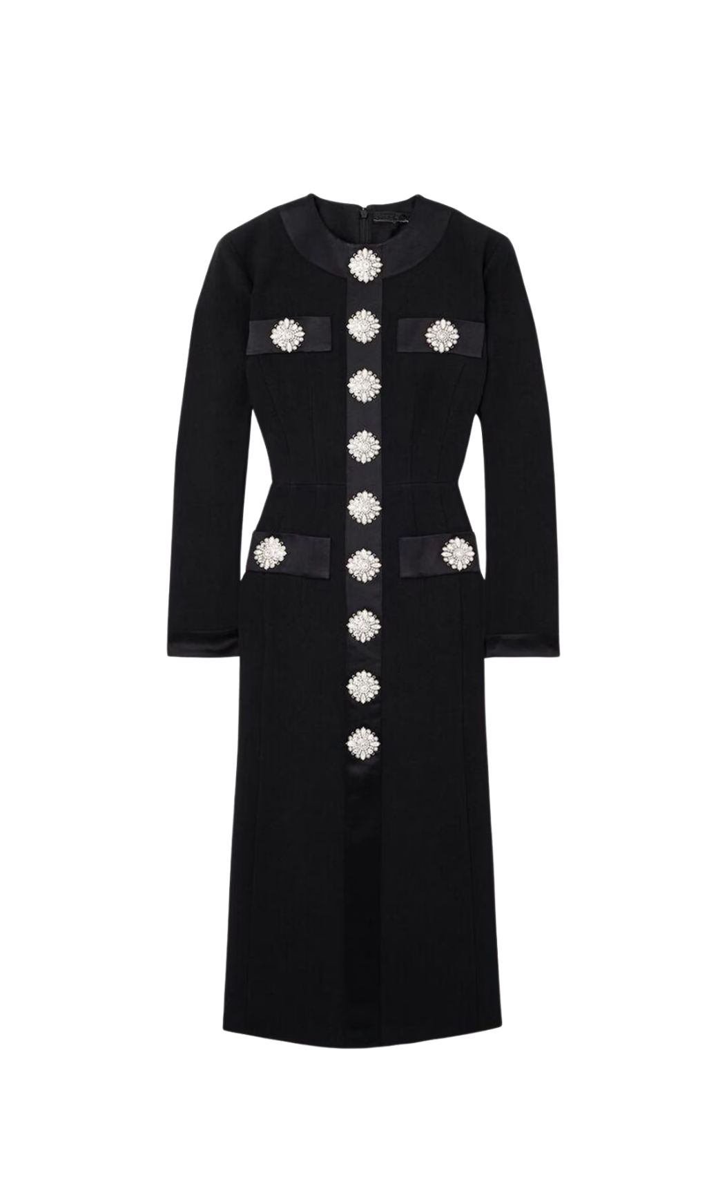 CRYSTAL EMBELLISHED SATIN CREPE MIDI DRESS, BLACK