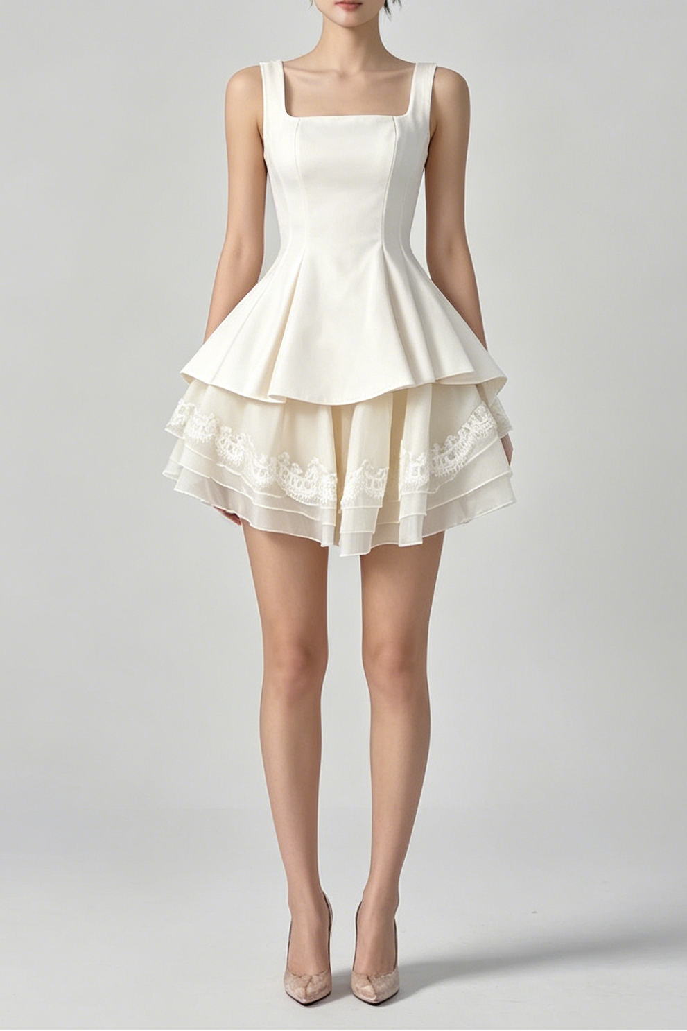 WHITE SQUARE NECK CORSET LACE MINI DRESS