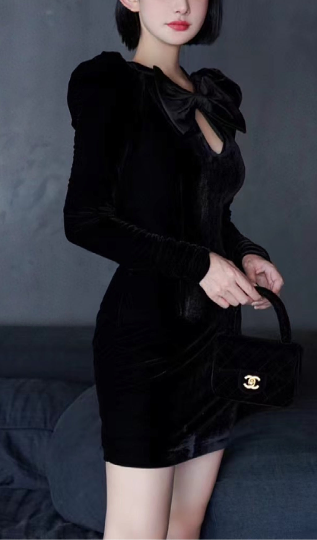 BLACK VELVET BOW LONG SLEEVE MINI DRESS