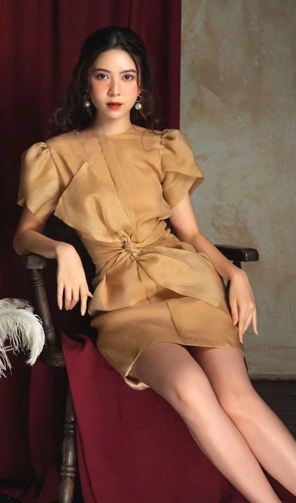 KHAKI BODYCON BOW MINI DRESS