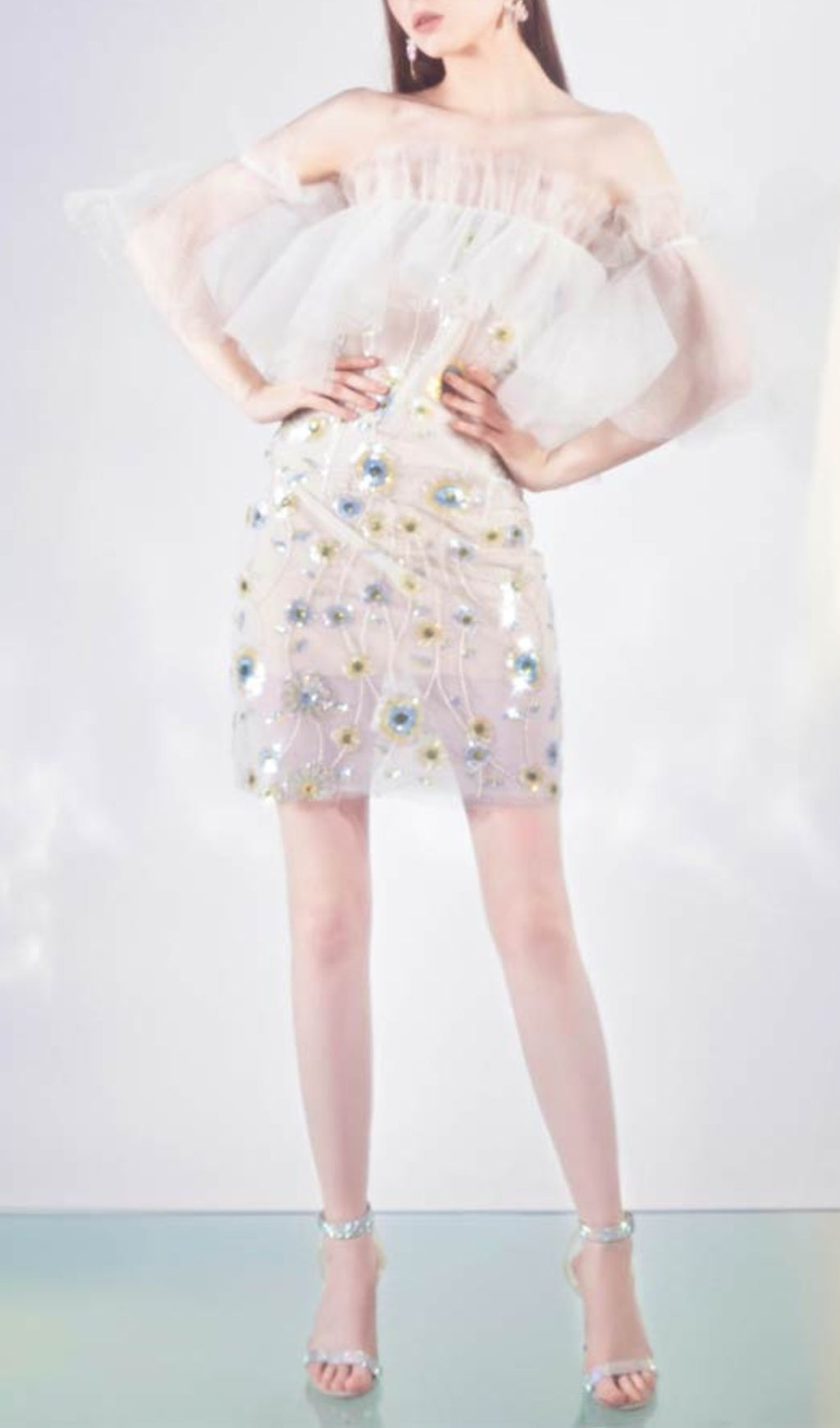 FLORAL SEQUIN MINI DRESS FOR PARTY WHITE