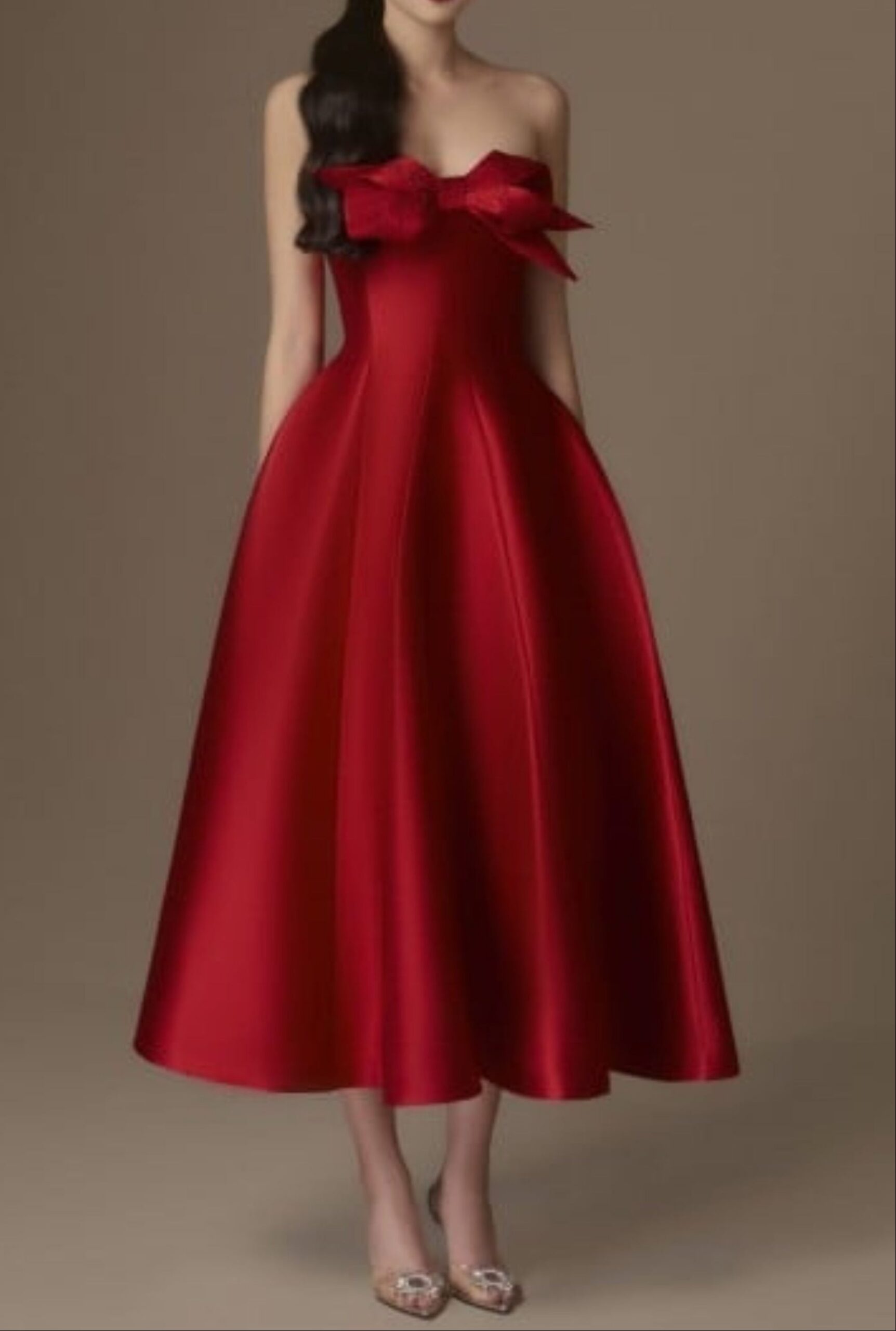 VINTAGE RED FLARED MIDI DRESS SEMI-HEART NECK