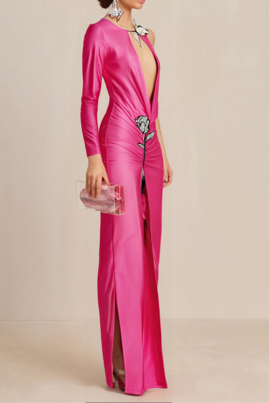 CRYSTAL FLOWER CUTOUT RUCHED COCKTAIL DRESS