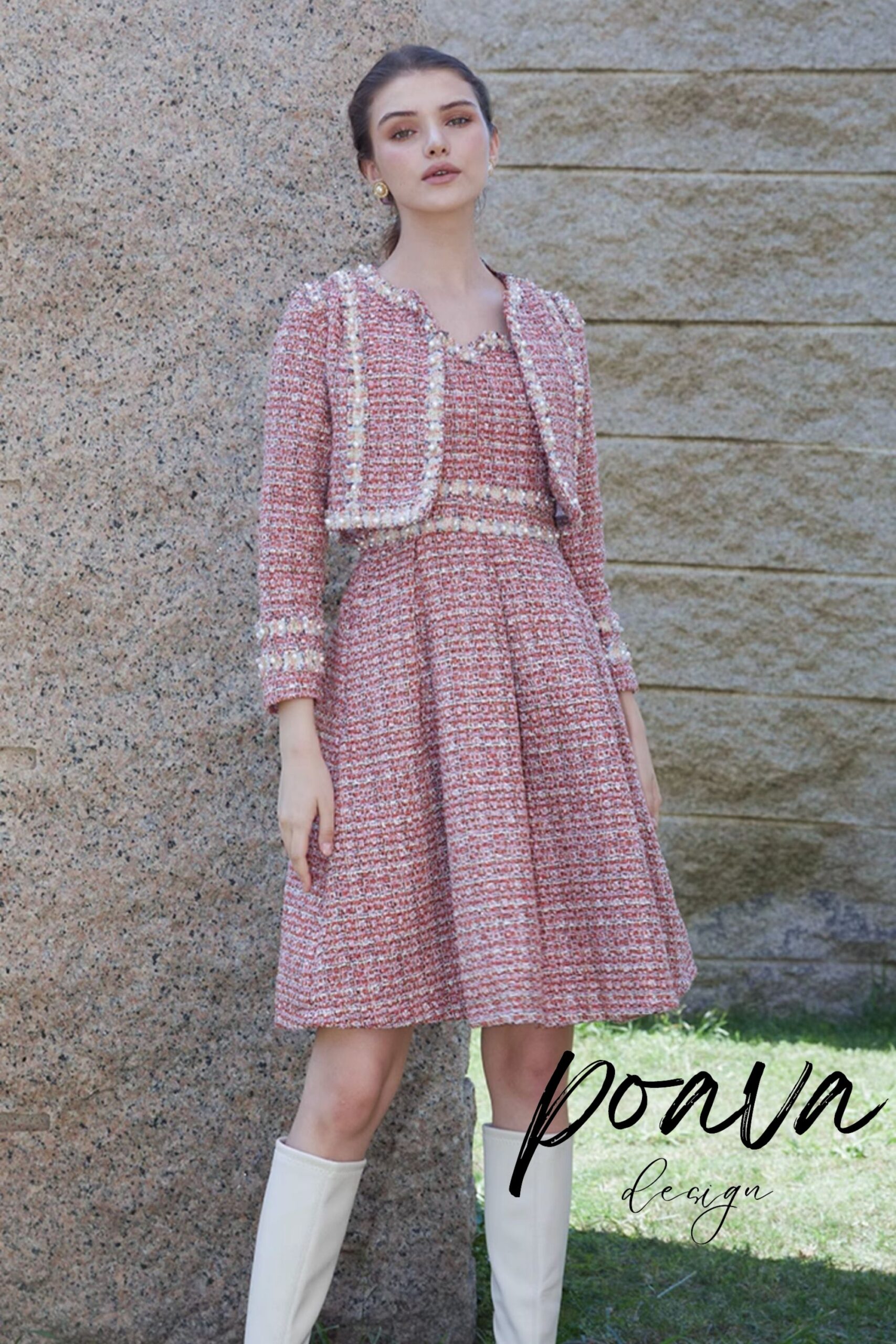 1_538208f4-6abd-4b03-91f1-247d99e3bd69 EMBELLISHED PINK TWEED DRESS SET FOR PARTY