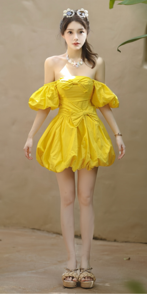 Bonnie puff strapless Mini Dress in yellow Bonnie puff strapless Mini Dress in yellow