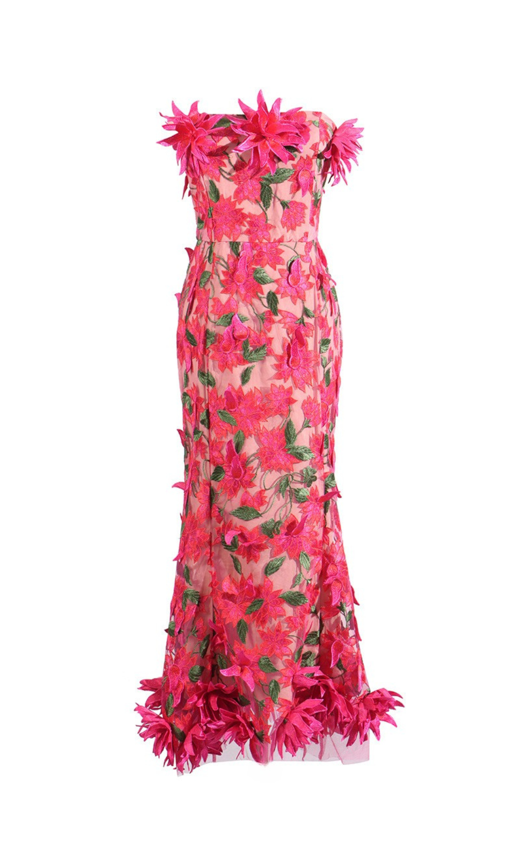 3D FLOWER EMBROIDERY STRAPLESS ROSE RED MIDI DRESS