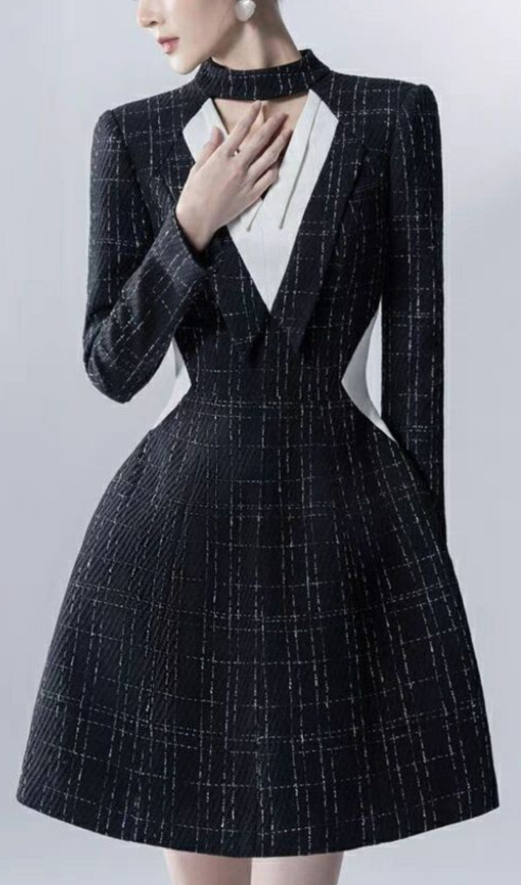 HALTER V-NECK A-LINE JACKET DRESS BLACK