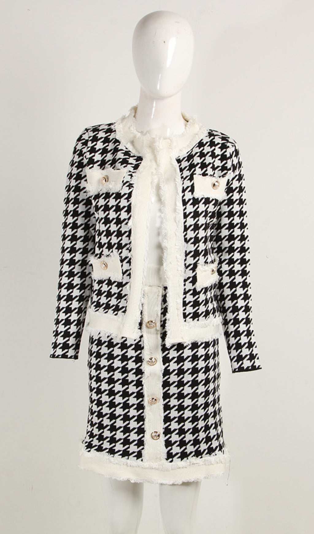 HOUNDSTOOTH KNIT SKIRT SET - CASUAL CHIC OUTFIT