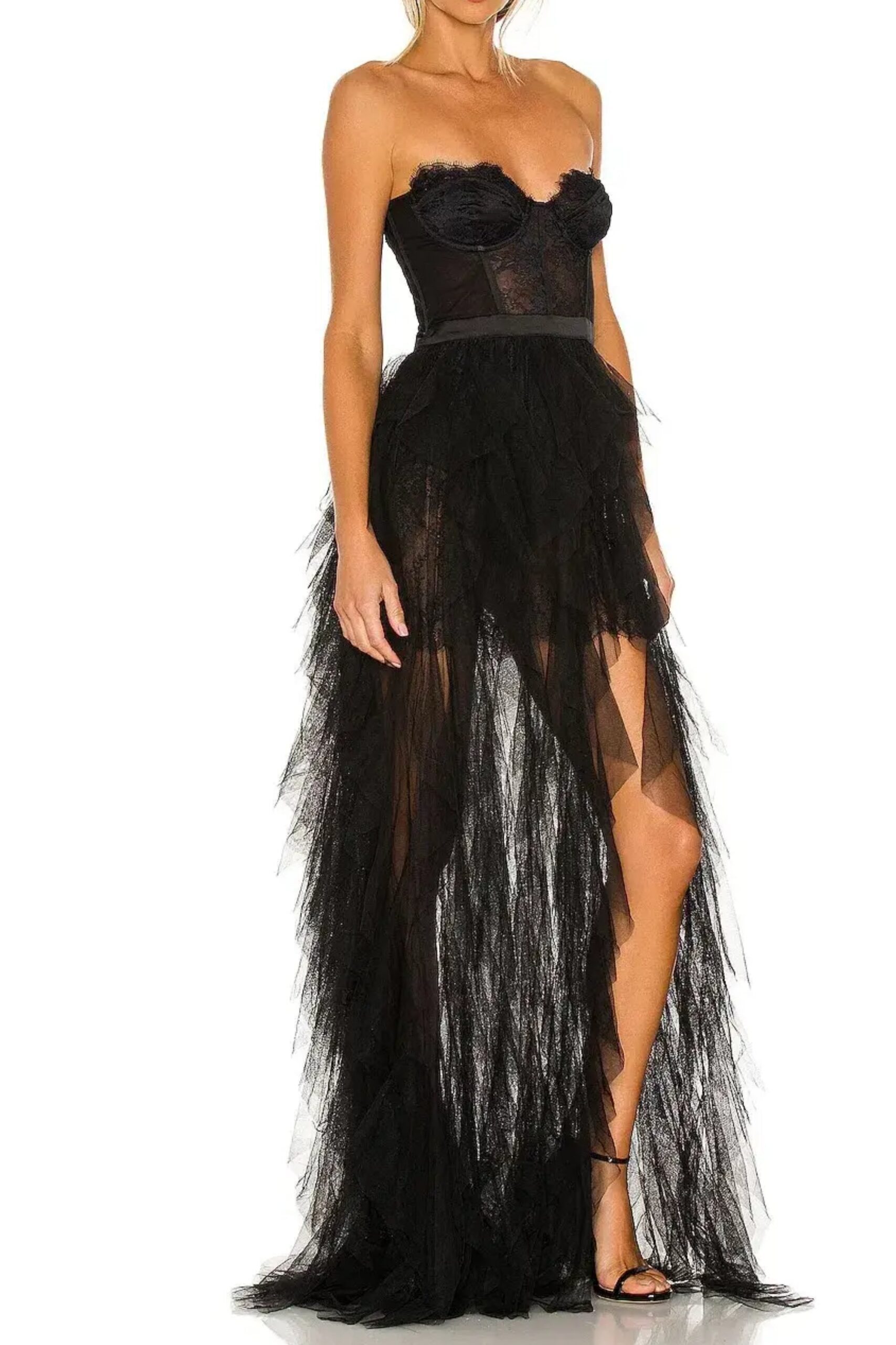 BLACK STRAPLESS LACE MESH MAXI DRESS