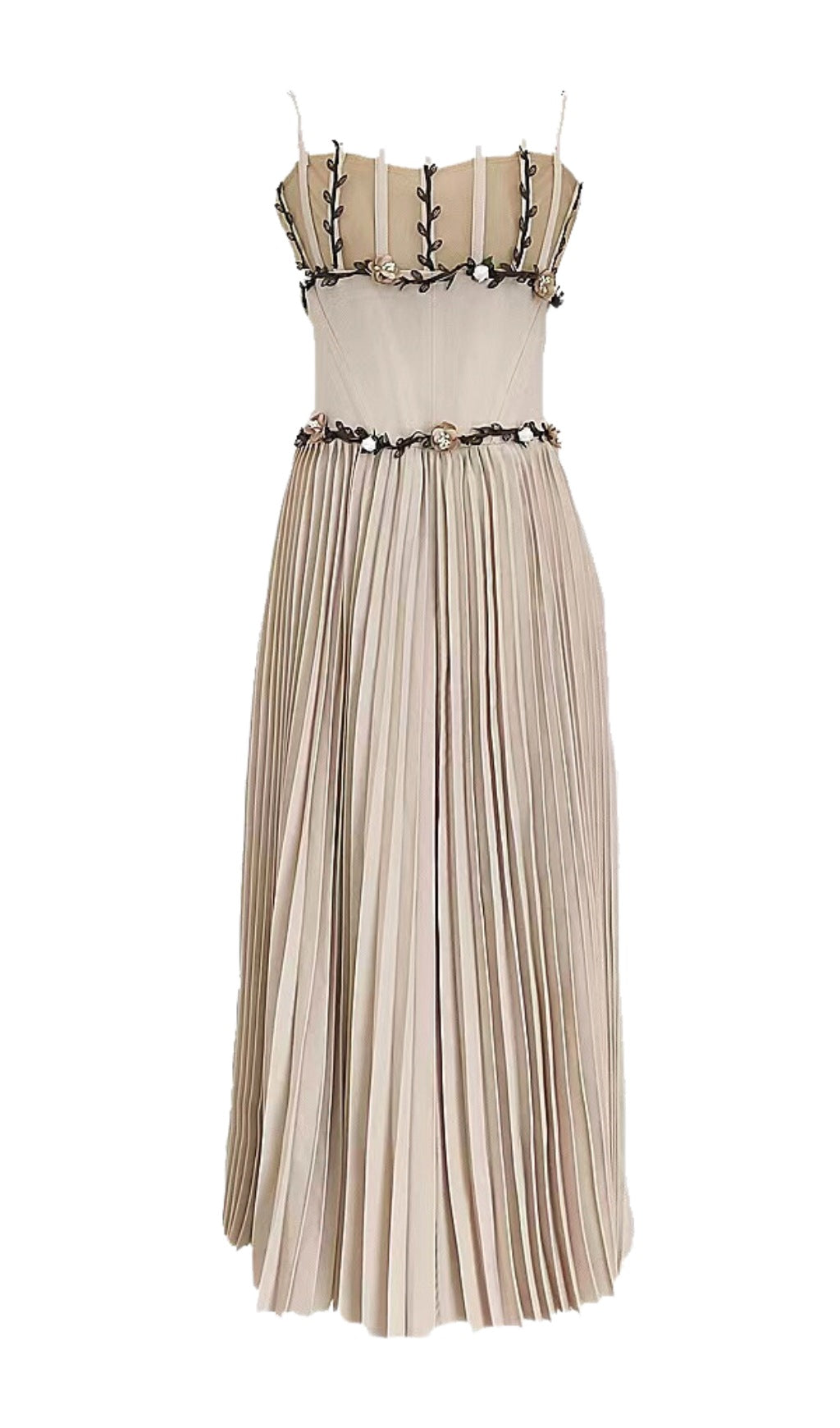 SPLICED FLORAL SLEEVELESS MIDI DRESS, GRAY