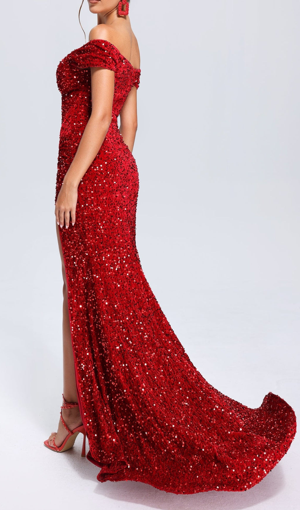 RED OFF-SHOULDER SEQUIN PARTY DRESS