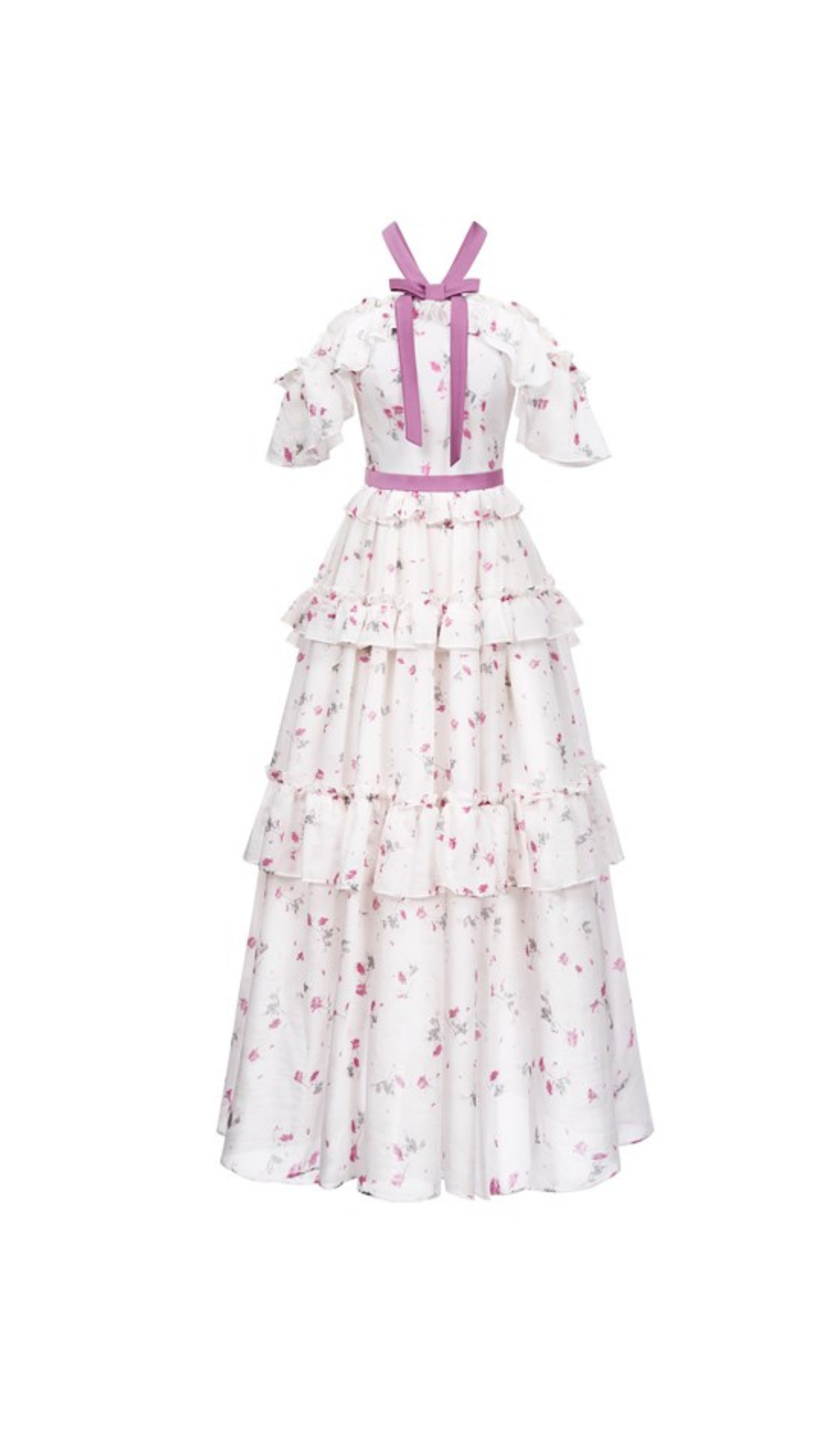 FLORAL BOW COLLAR RUFFLE MAXI DRESS FOR WEDDING