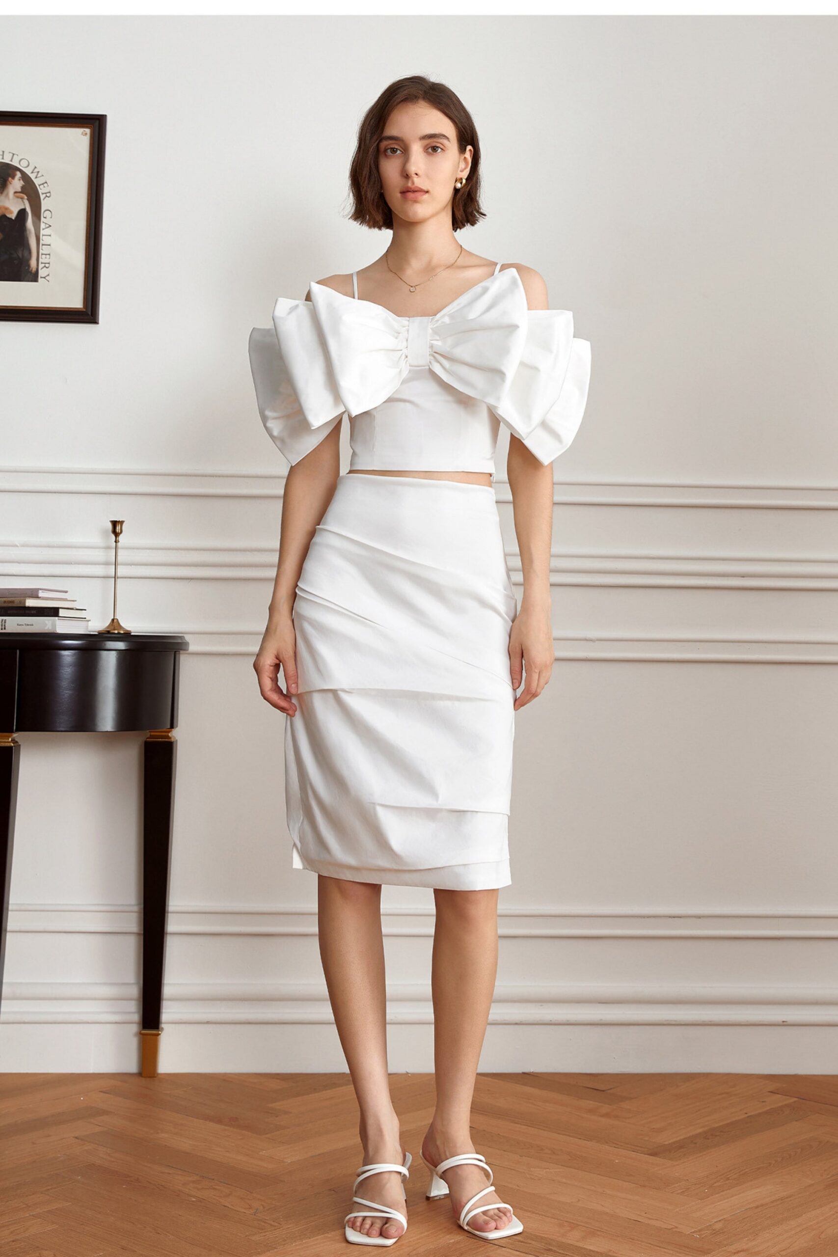 STRAPLESS BANDAGE MIDI DRESS FOR WEDDING GUEST WHITE