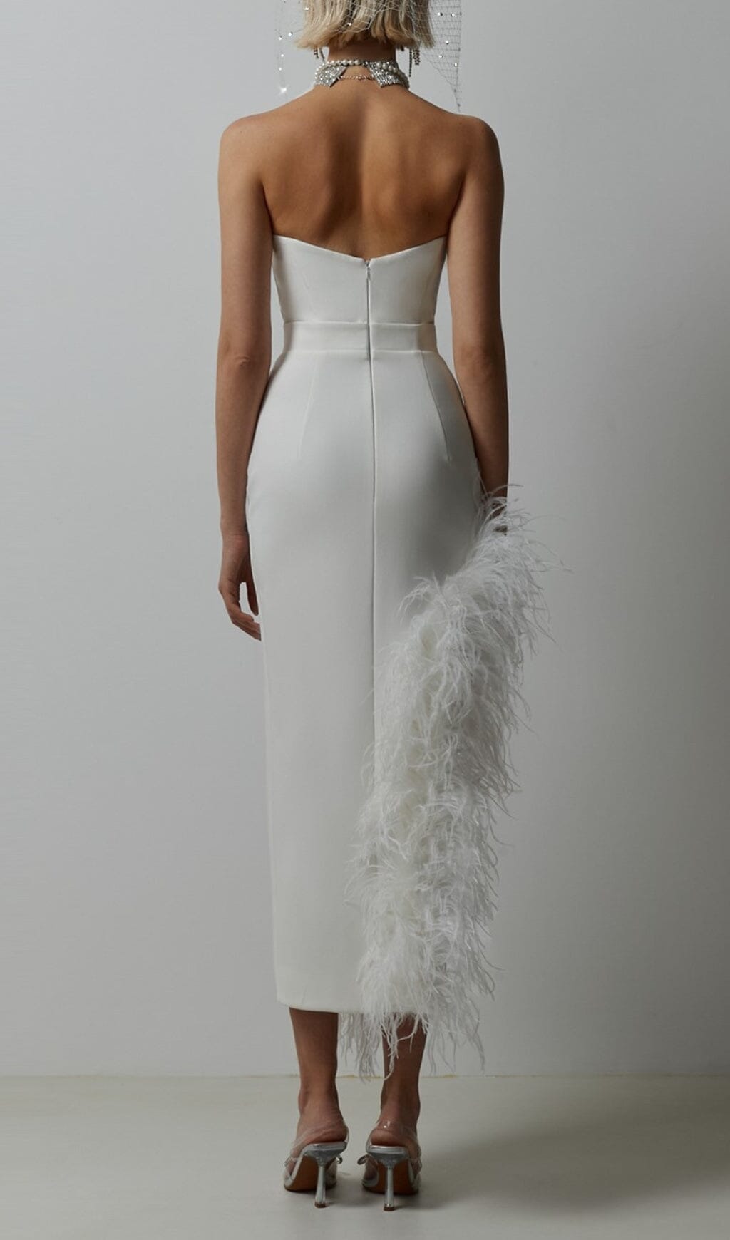 STRAPLESS FEATHER MIDI DRESS, WHITE WEDDING PARTY