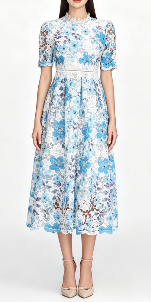 1_651fa840-52ab-4daf-8a7c-8a9953ed33f3 BLUE LACE PUFF SLEEVE MIDI DRESS, HIGH NECK A-LINE