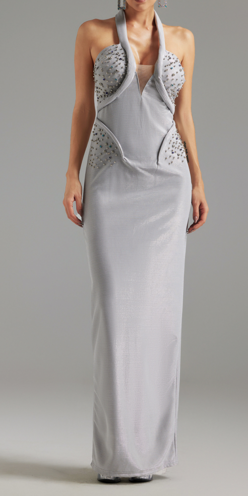 Diamond embellished Halter Maxi Dress in silver