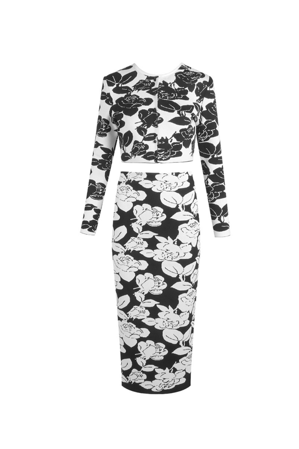 KNIT CARDIGAN SET JACQUARD MIDI PENCIL SKIRT