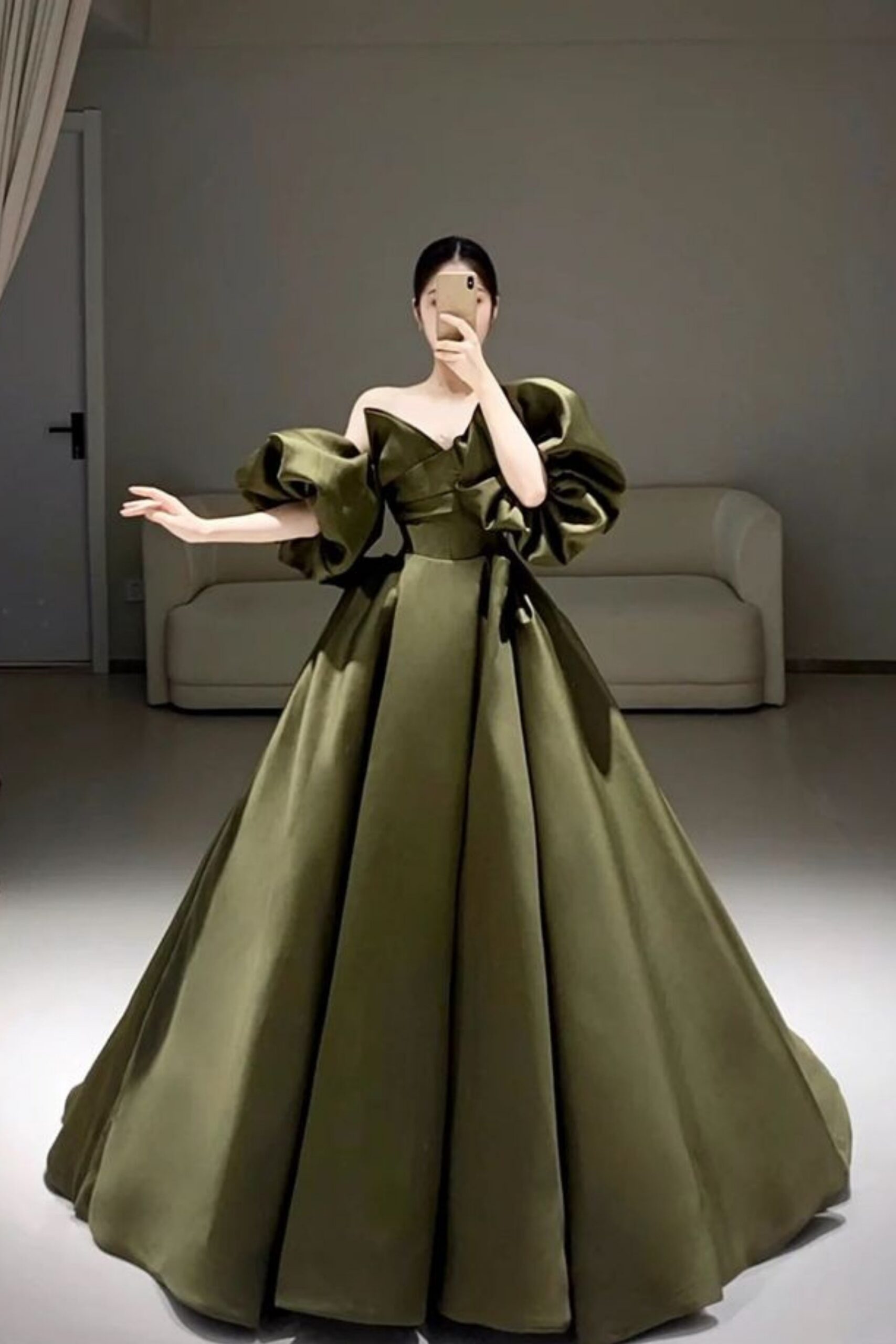A-LINE PUFF SLEEVE SATIN PROM DRESS, OLIVE GREEN