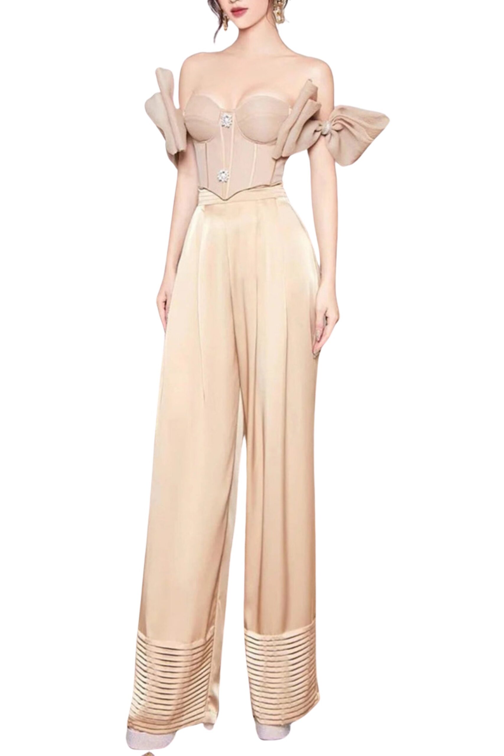 SATIN CORSET TWO-PIECE SUIT KHAKI