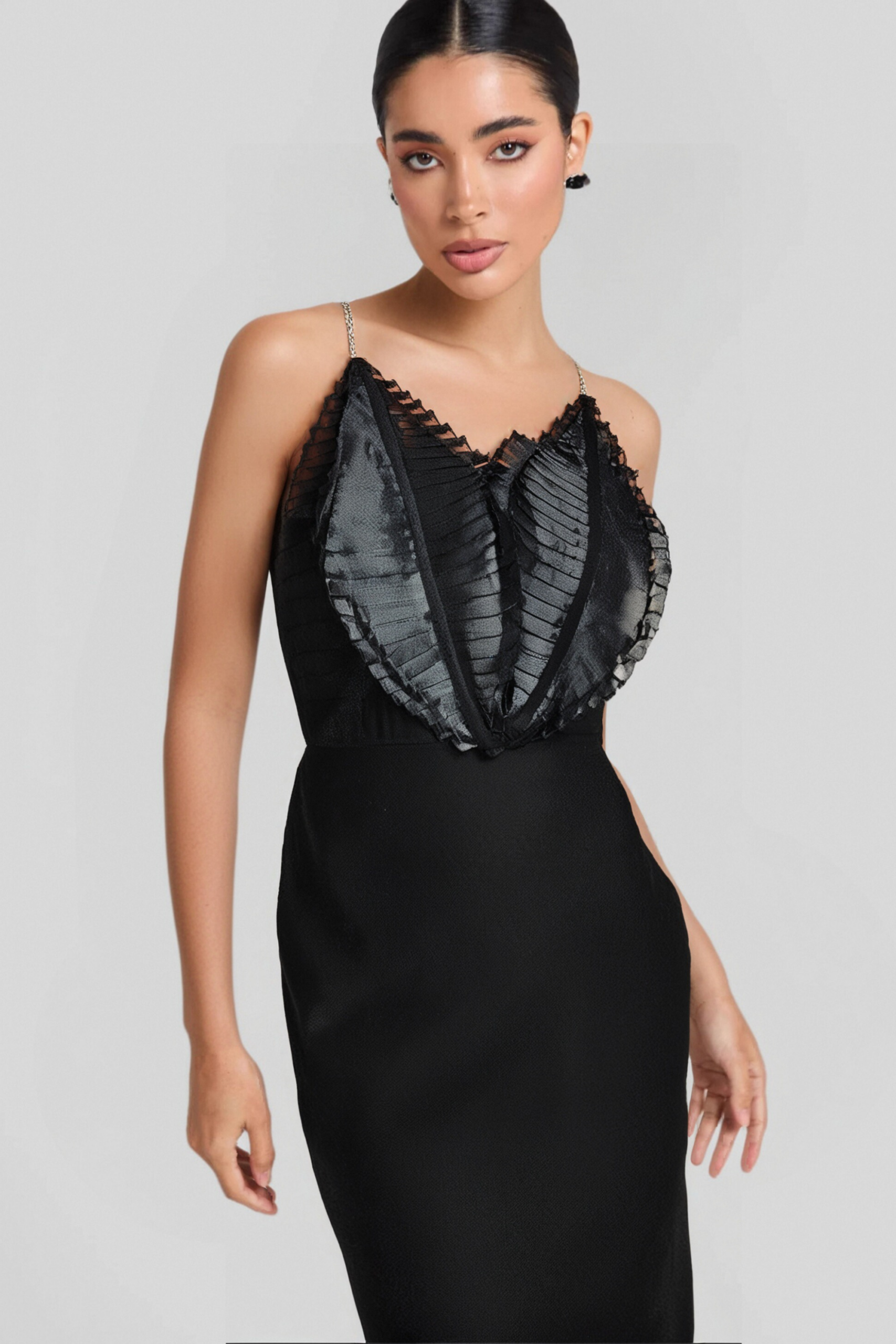 BLACK STRAPLESS LEAVES CORSET BANDAGE MIDI DRESS