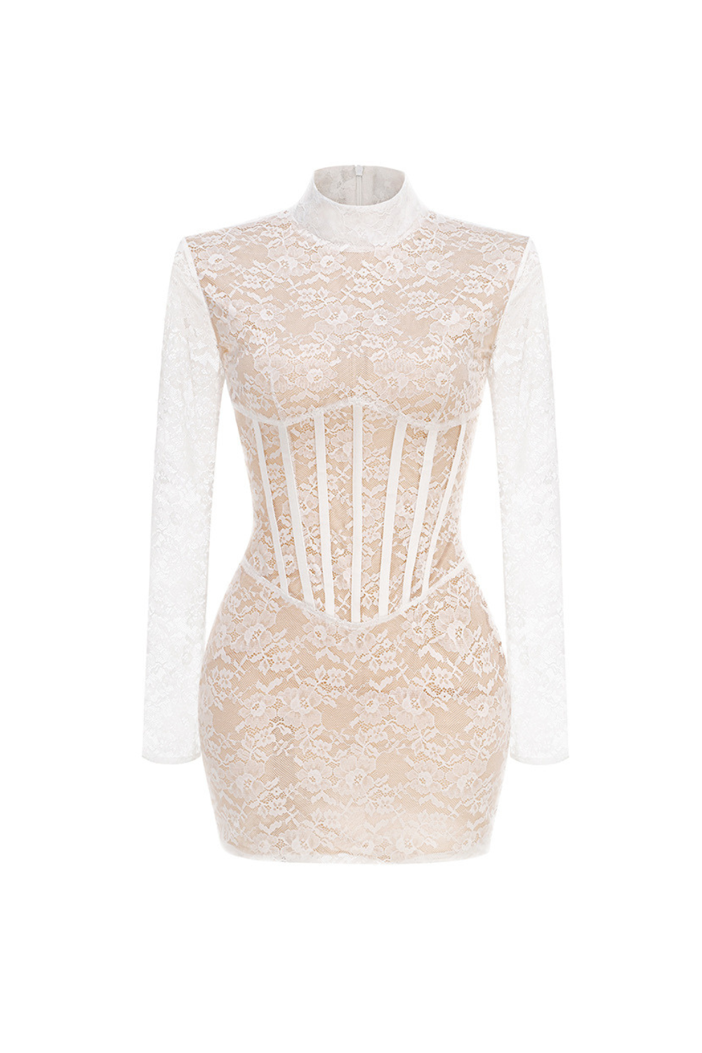LACE JACQUARD FISHBONE BODYCON WHITE MINI DRESS