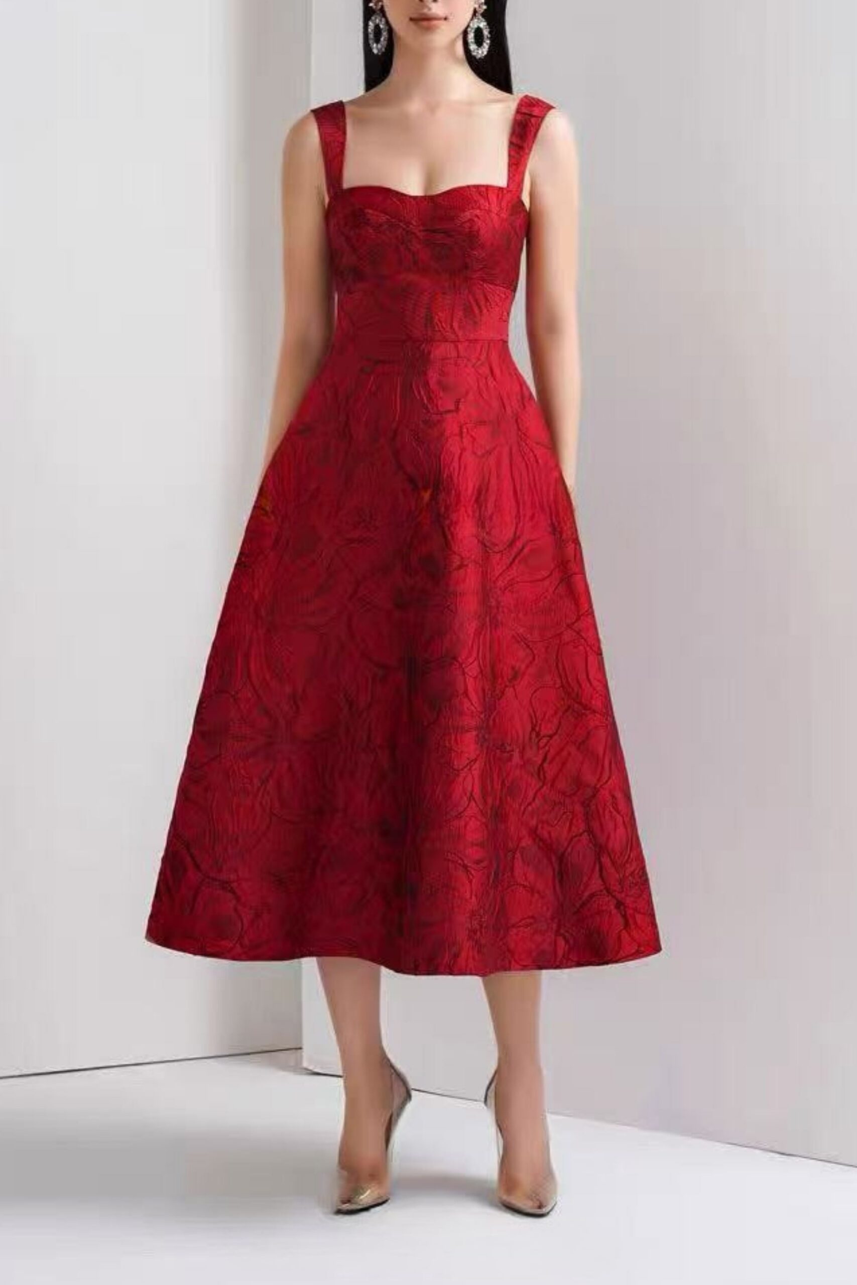BURGUNDY JACQUARD CAMI MIDI DRESS FOR EVENTS