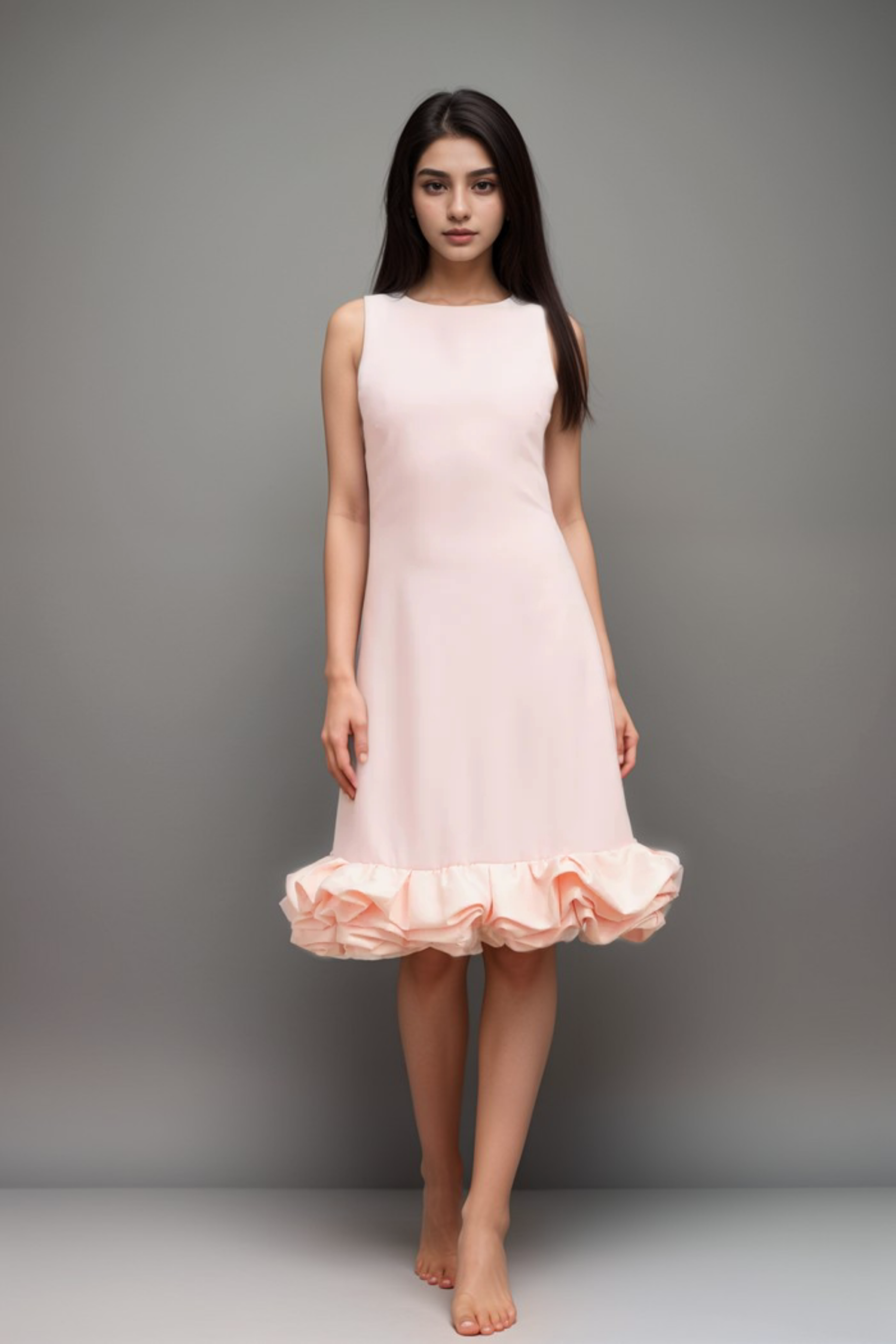 1_6e811cd7-4fef-43cc-bf9f-02f7e51e6df5 CHIC PINK RUFFLED SLEEVELESS MIDI DRESS
