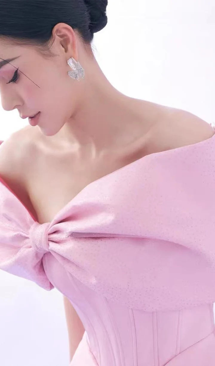 PINK OFF-SHOULDER BOW CORSET MINI DRESS