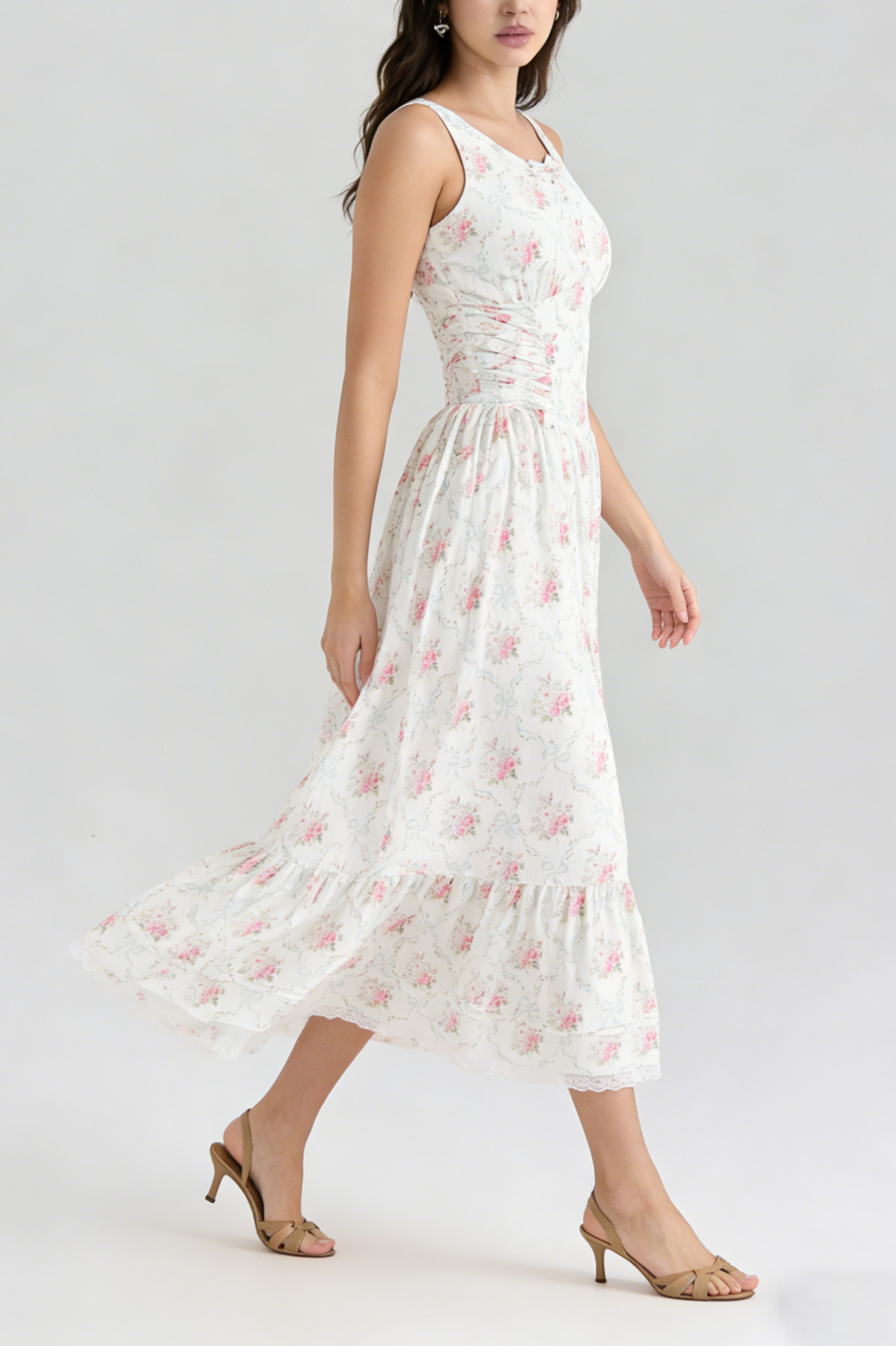 HEDY ELASTIC TIE-WAIST PRINTED MIDI DRESS PINK