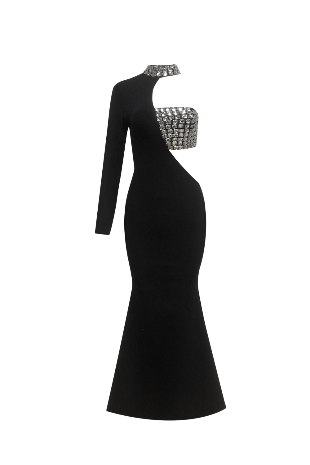 CRYSTAL ONE-SLEEVE CUT-OUT MAXI DRESS, BLACK